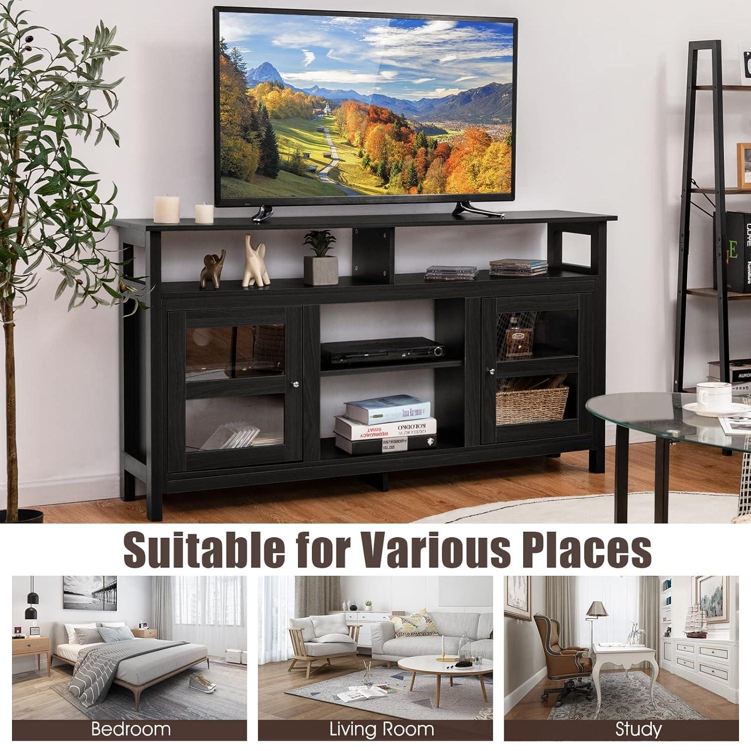 Tangkula Farmhouse TV Stand for TVs up to 65" Flat Screen, Wooden TV Console Table w/2 Cabinets & 4 Shelves, Home Living Room Furniture, Entertainment Center for 18" Electric Fireplace (Not Included)