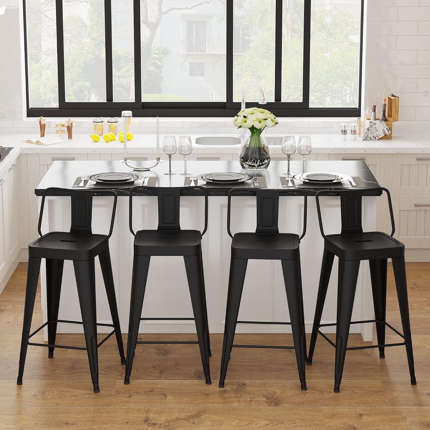 Andeworld 24" Bar Stools Set of 4,Counter Height Bar Stools with Larger Seat,Bar Stools with Back,Black Metal Bar Stools with Removable Back,Farmhouse Bar Stools,High Back Kitchen Bar Stools Chair