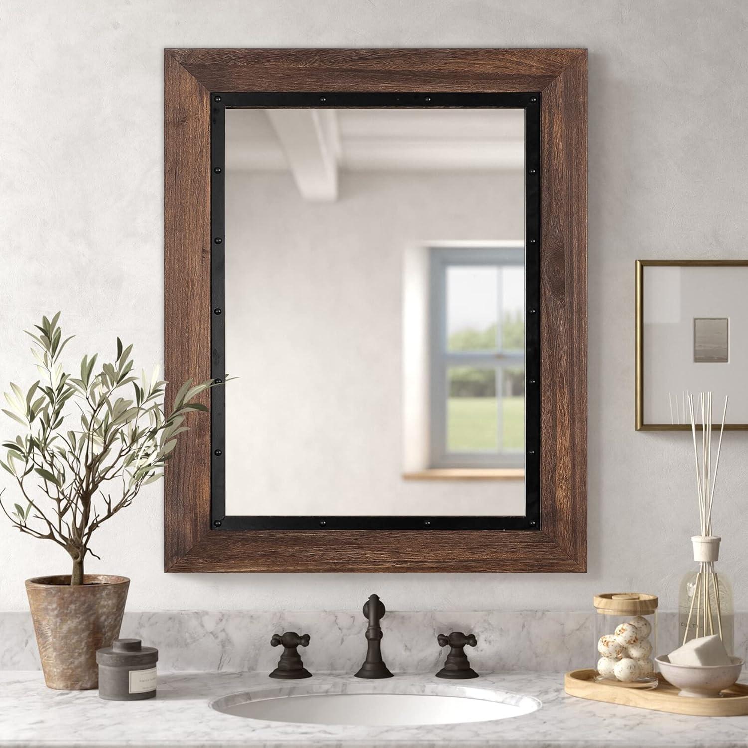 COSMOGO Rustic Wooden Framed Wall Mirror, Natural Wood Bathroom Vanity Mirror Brown 40" x 26" Brown