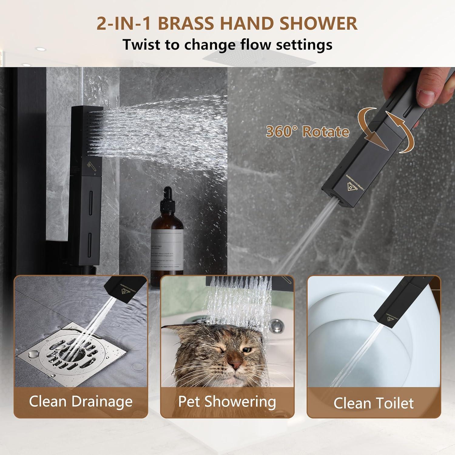 Rodeo 27.5-Inch LED&Music Rainfall Thermostatic Shower System with Slide Bar and 2-in-1 Handheld