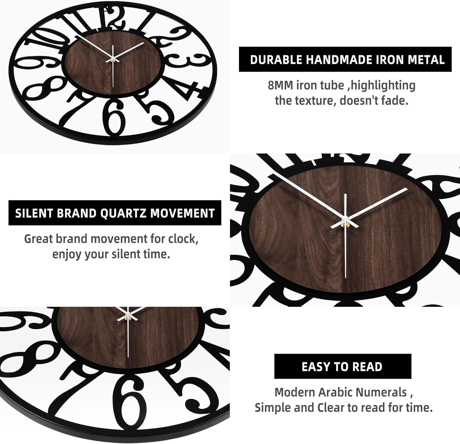 Oversized Black and Wood Silent Vintage Modern Wall Clock