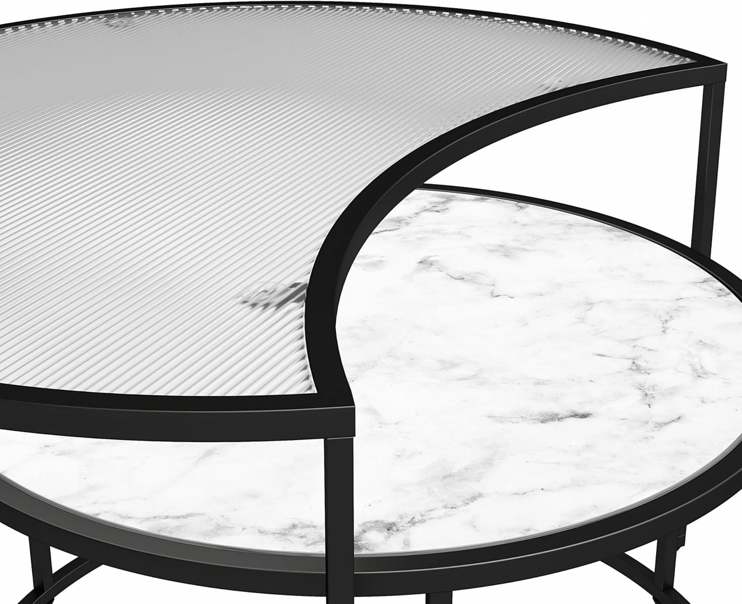 Lunar Crescent 34'' White Marble and Glass Nesting Coffee Tables