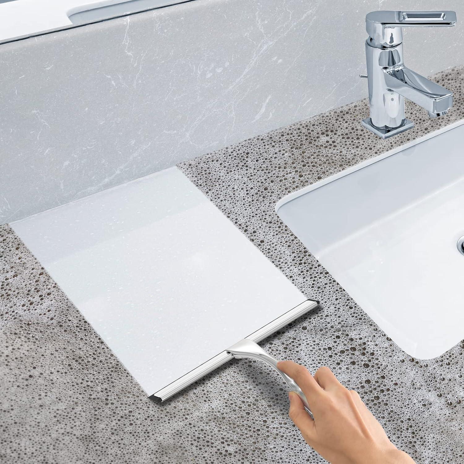 LYCAQL All-Purpose Stainless Steel Shower Squeegee for Shower Glass Door with 2 Adhesive Hooks, Bathroom Cleaner Tool Household Window Mirror Squeegee , Cleaning Tile Wall, Car, 10 Inch Silver