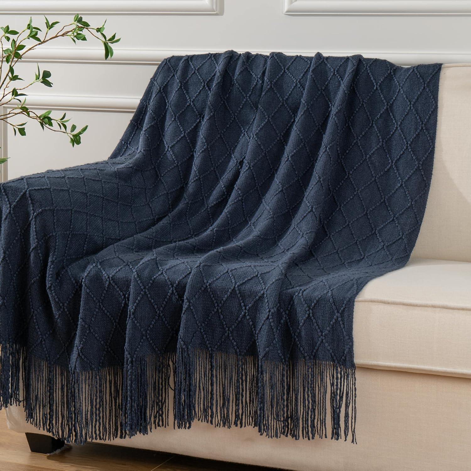 Battilo Navy Throw Blanket,Soft Lightweight Textured Decorative Blanket with Tassel, Housewarming Gifts,50"x60"