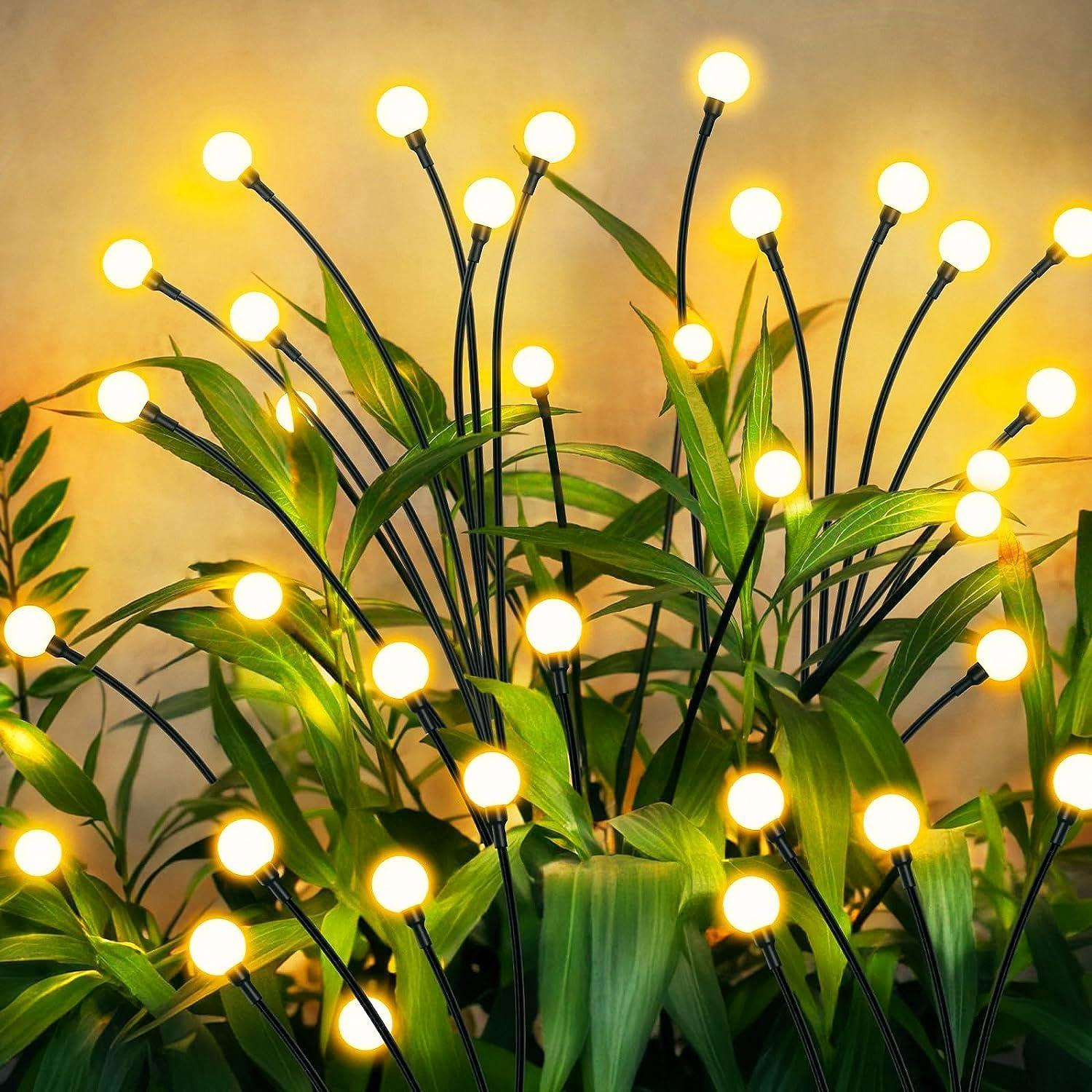 4 Pack Firefly Garden Lights Solar Outdoor: Solar Firefly Lights Outdoor Waterproof, 32 LED Solar Powered Firefly Lights, Swaying by Wind, Solar Lights for Outside Garden Decoration (Warm White)