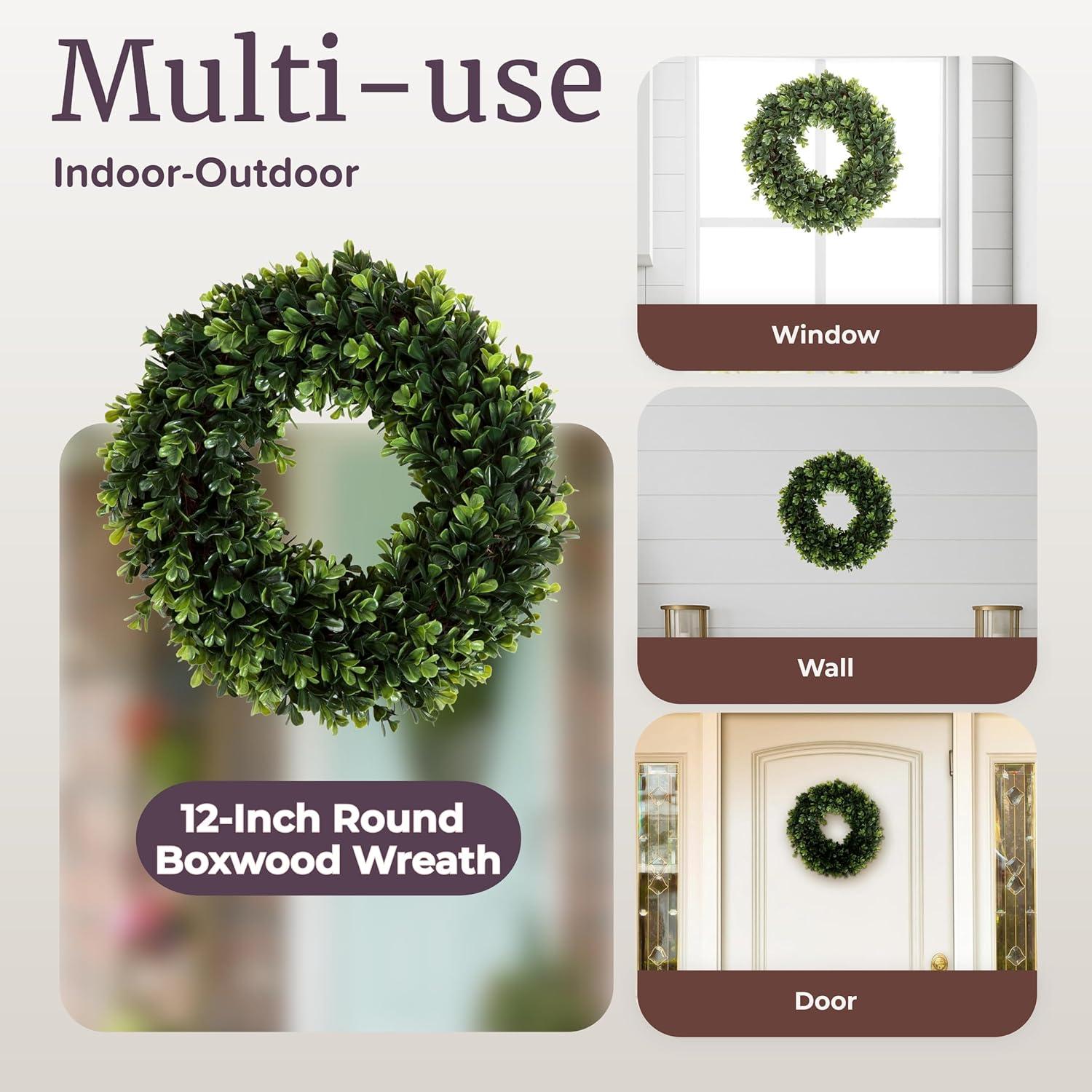 Artificial Boxwood Wreath - 12 Inch UV-Resistant Plastic Front Door Wreath and Window Decor for Spring and Summer by Pure Garden (Green)