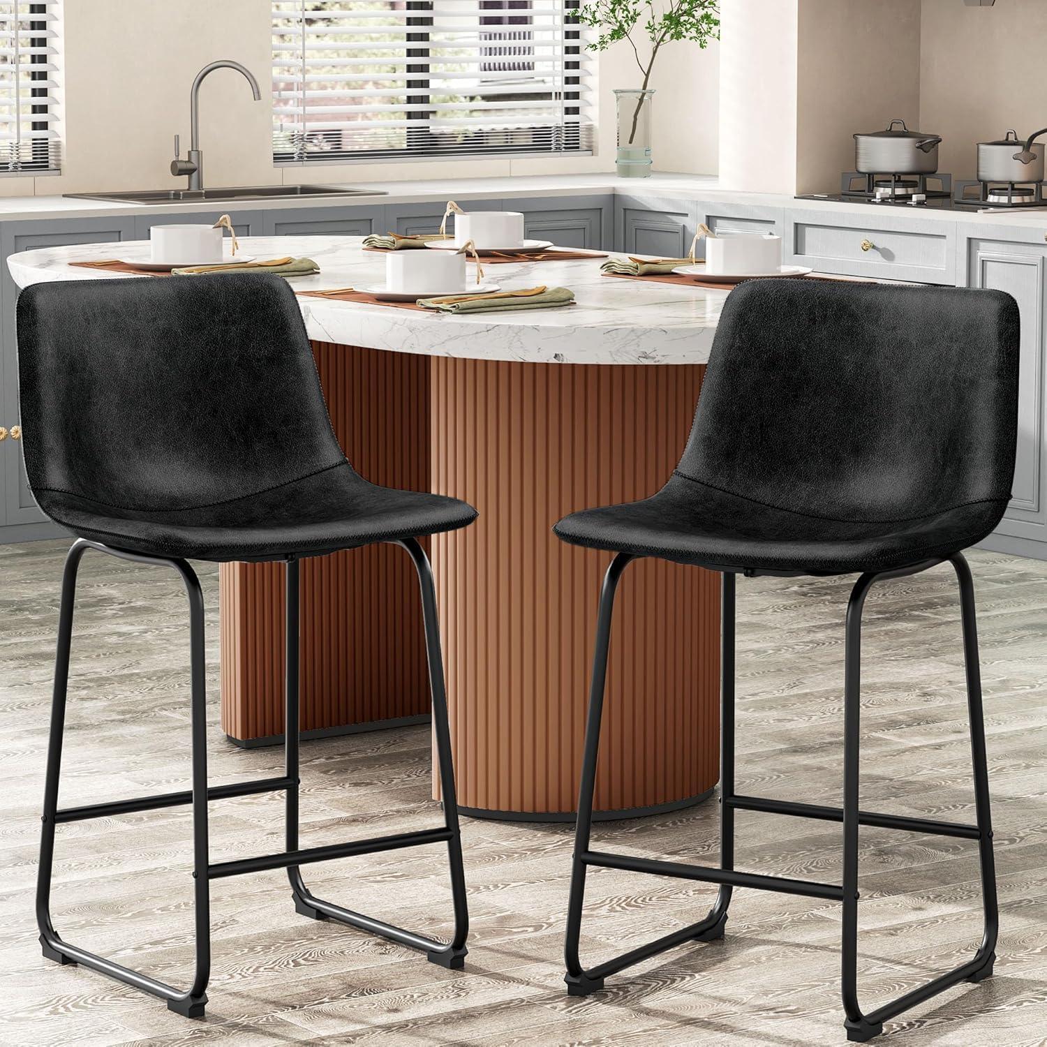 Set of 4 Black PU Leather Counter Height Bar Stools with Metal Legs