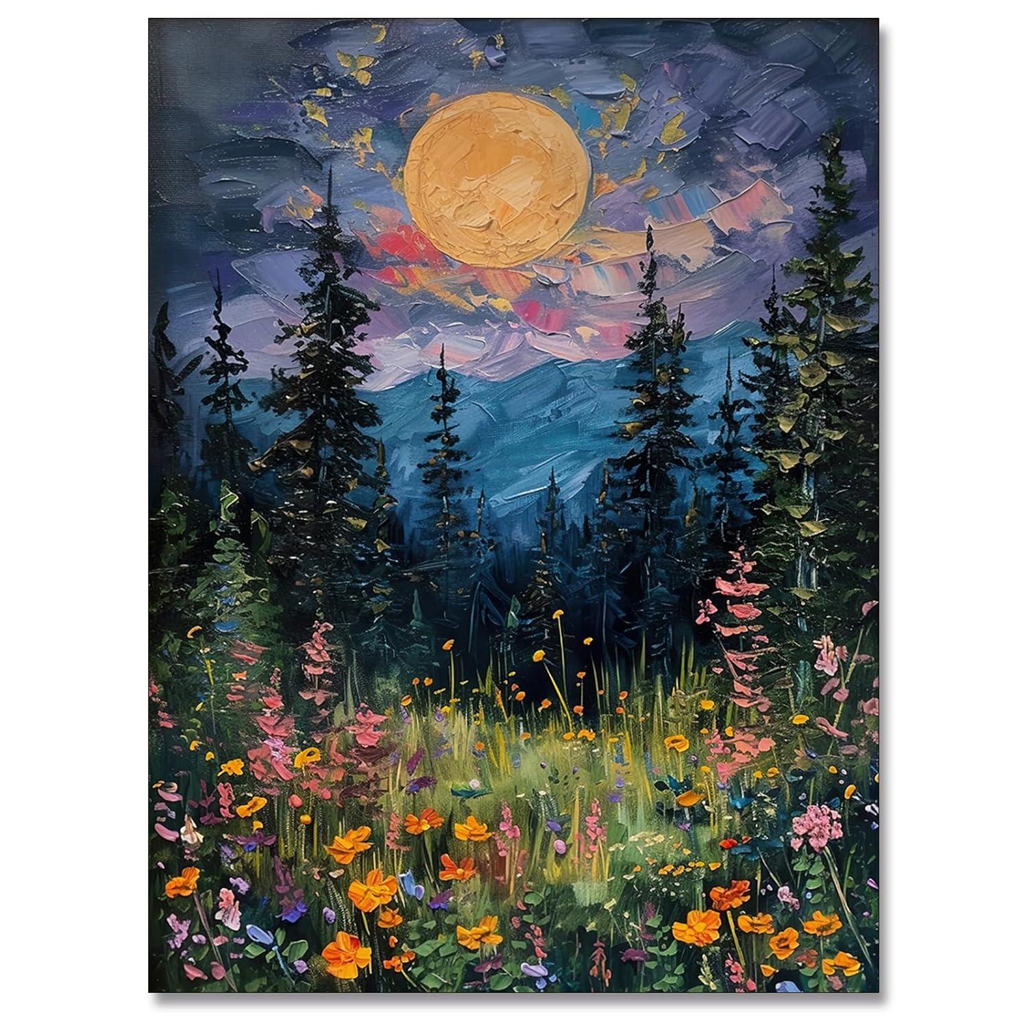 SFAOHPR Mystical Moon and Wildflowers Canvas Wall art Nature Flowers Oil Painting posters for room aesthetic Room Aesthetics Posters for Bedroom living room Home Decor ﻿12x16inch Unframed