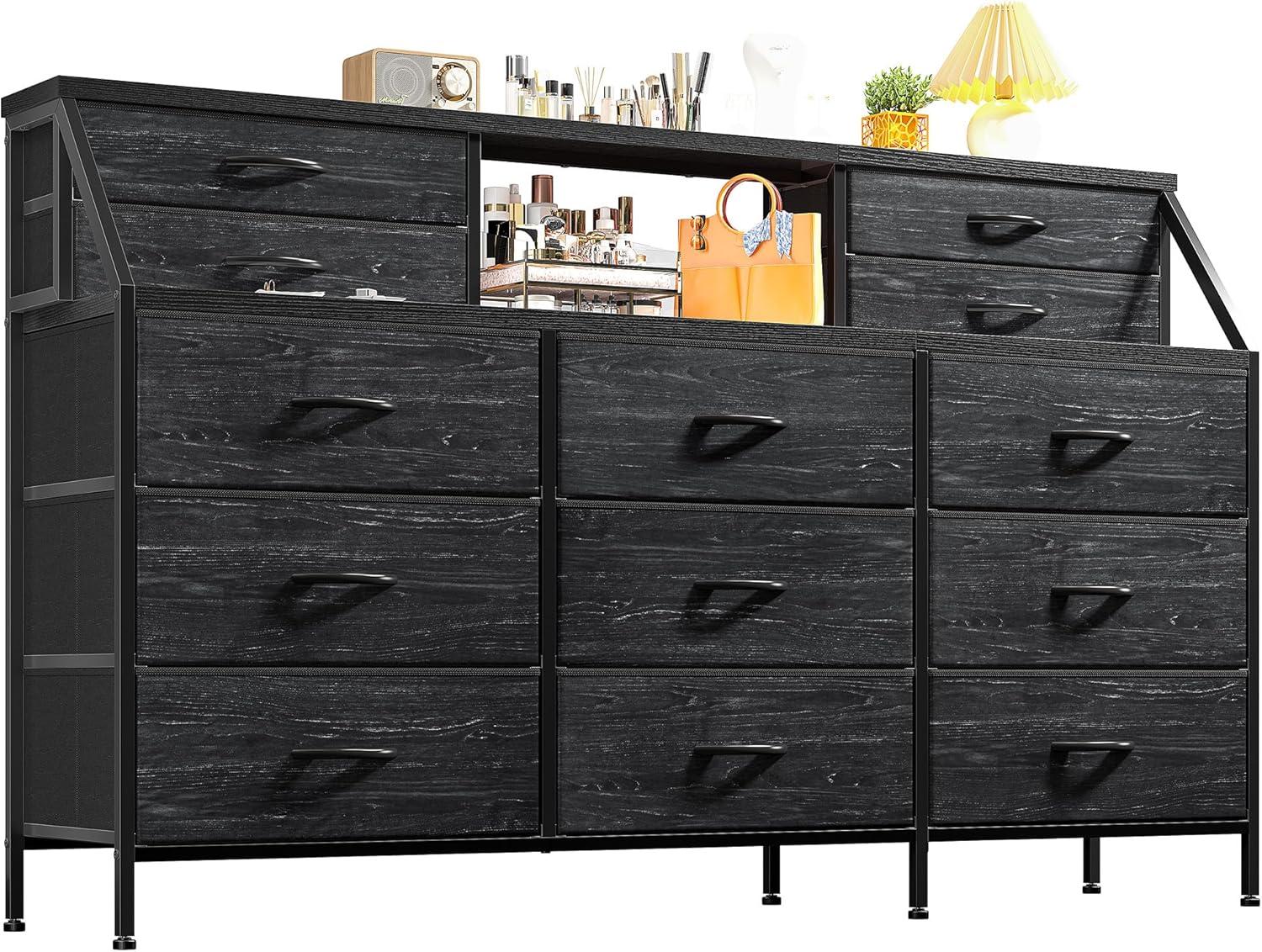 EnHomee 55"W Dresser for Bedroom Black Fabric Dresser with 13 Drawers Long Dressers & Chests of Drawers for , Living Room,Entryway