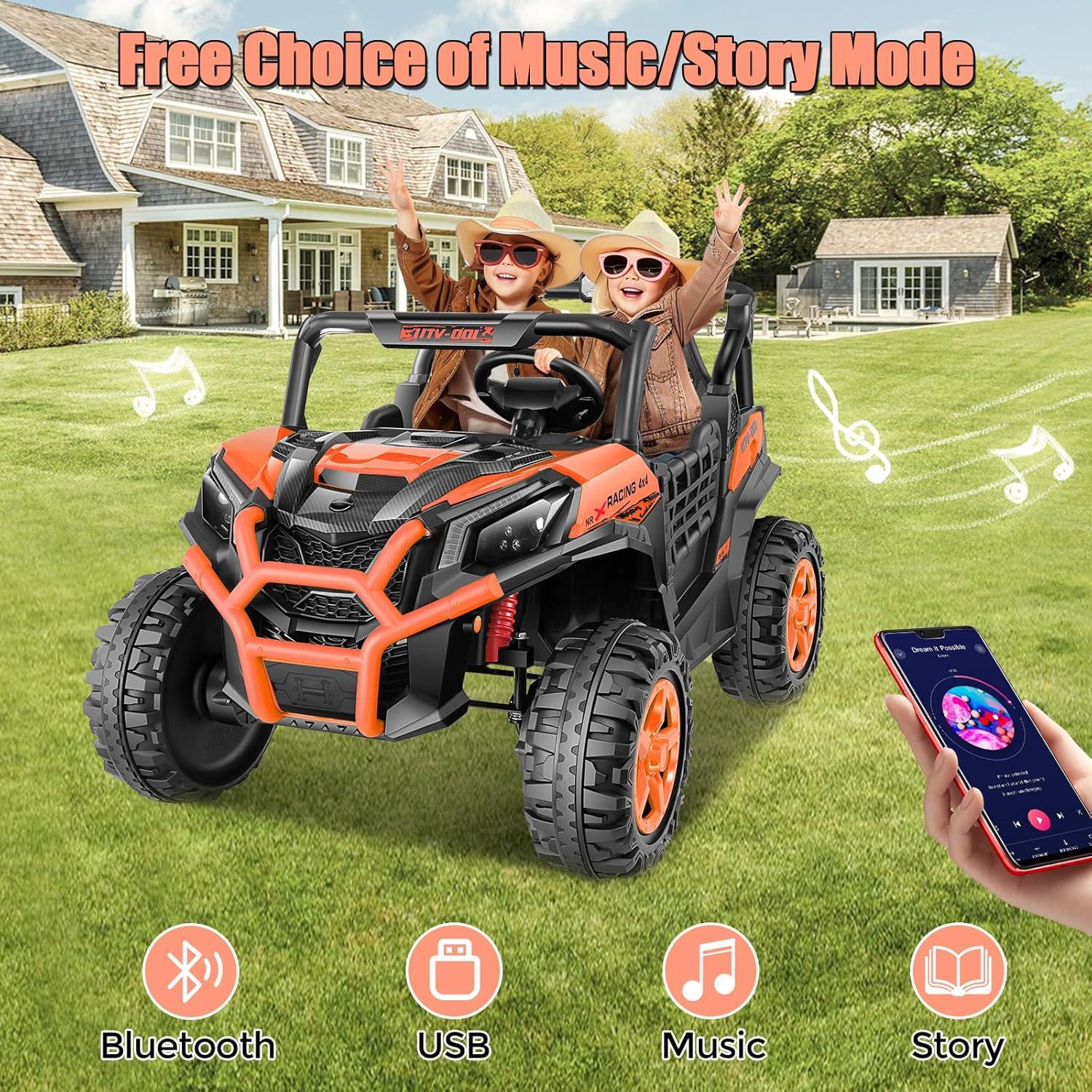 Ancheer 24v 2 Seater Ride on Car with Remote Control, 4WD/2WD Kids Power Electric Wheel UTV, 20" Spacious Seat, 4 Shock Absorbers, Music, Bluetooth, 24 Volt Ride On Toys for Boys/Girls