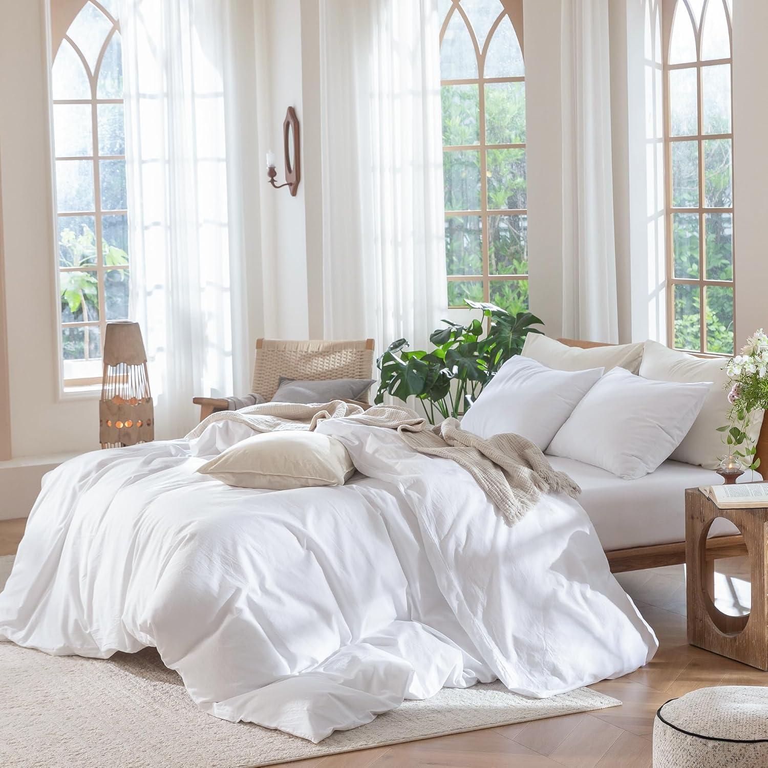 MOOMEE Linen Like Textured 100% Washed Cotton Twill Duvet Cover Set Ultra Soft