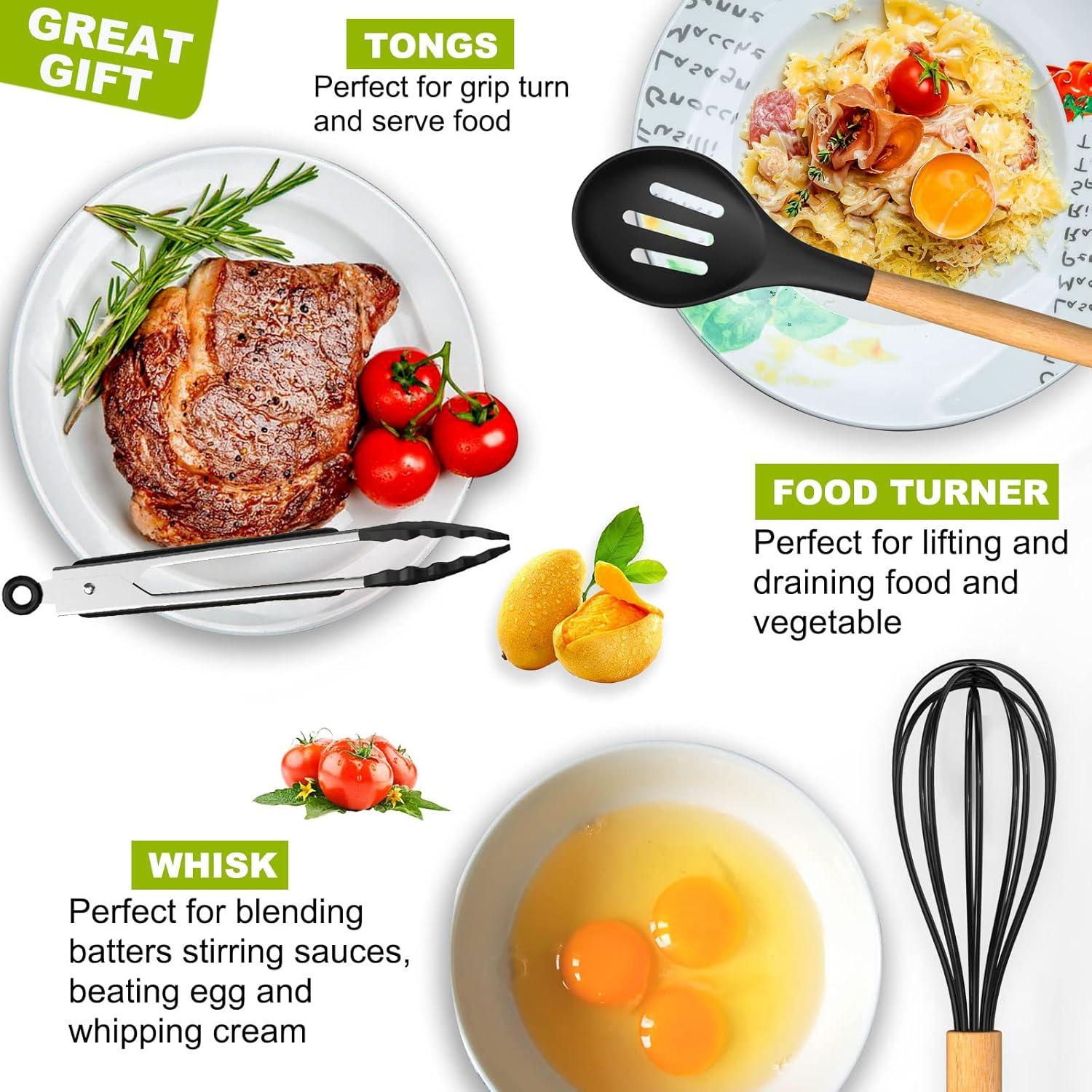 Silicone Kitchen Cooking Utensils Sets with Holder,Nonstick Heat Resistant,Wooden Handle,Black