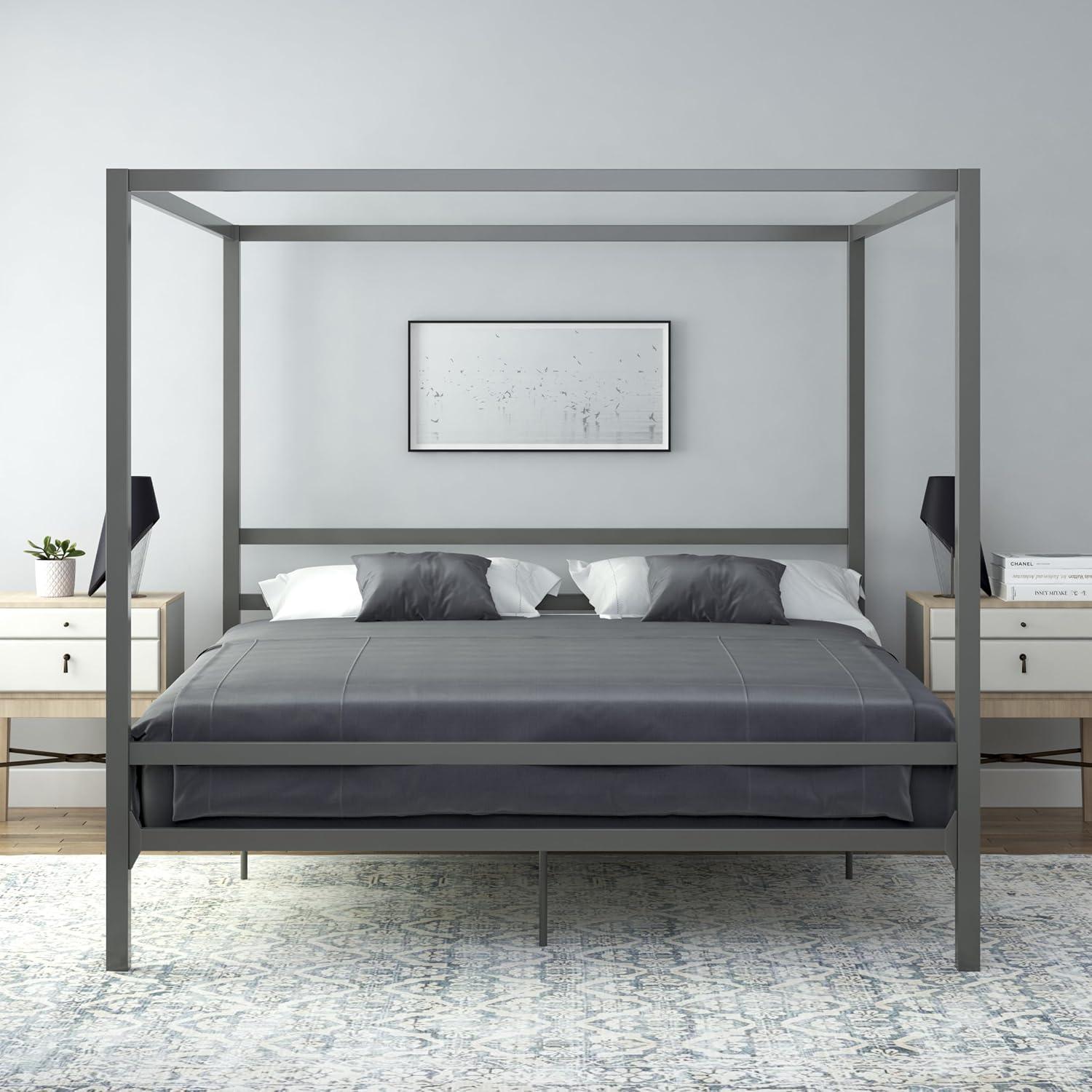 King Size Gunmetal Gray Metal Canopy Bed with Headboard