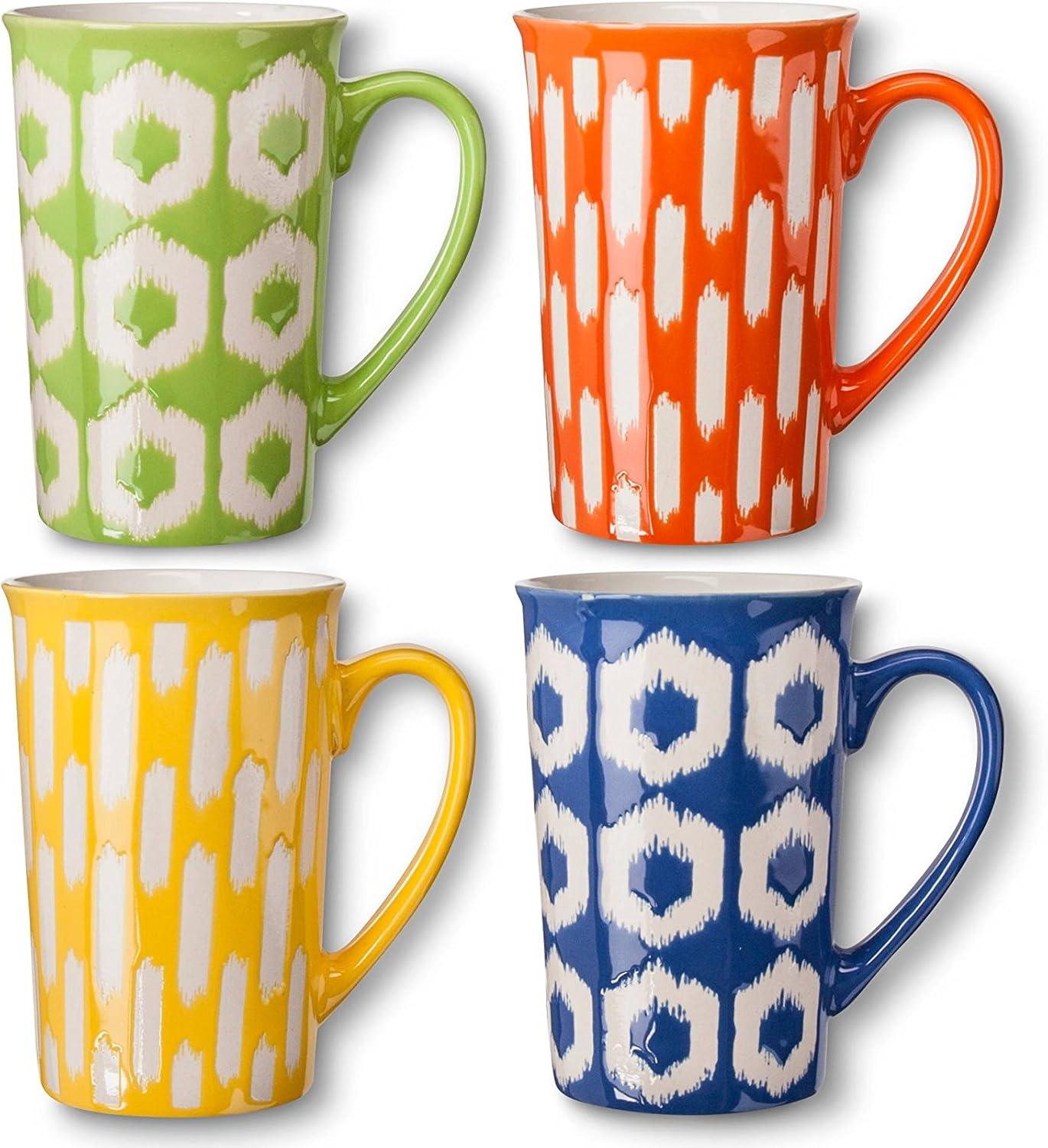 Assorted Color Ceramic Ikat Pattern Mugs, Set of 4