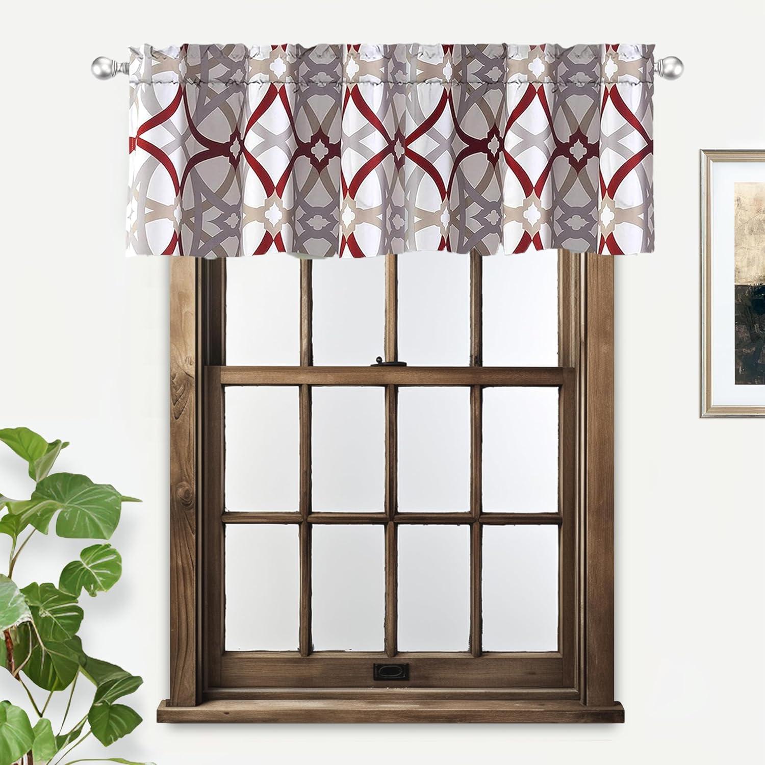DriftAway Alexander Spiral Geo Trellis Pattern Window Curtain Valance Rod Pocket 52 Inch by 14 Inch Plus 2 Inch Header Red and Gray 1 Pack