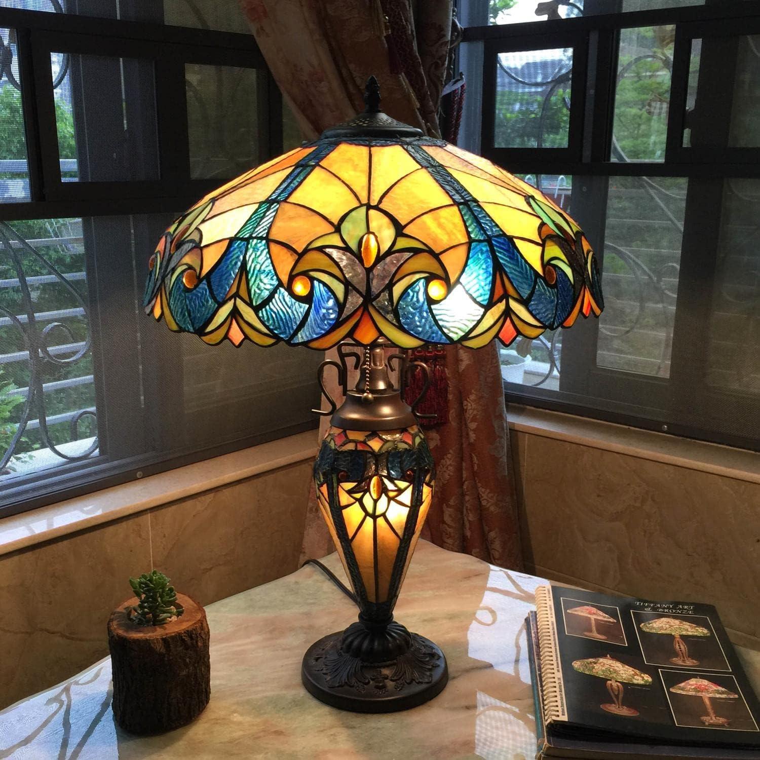 Victorian Double-Lit 18" Bronze Stained Glass Table Lamp