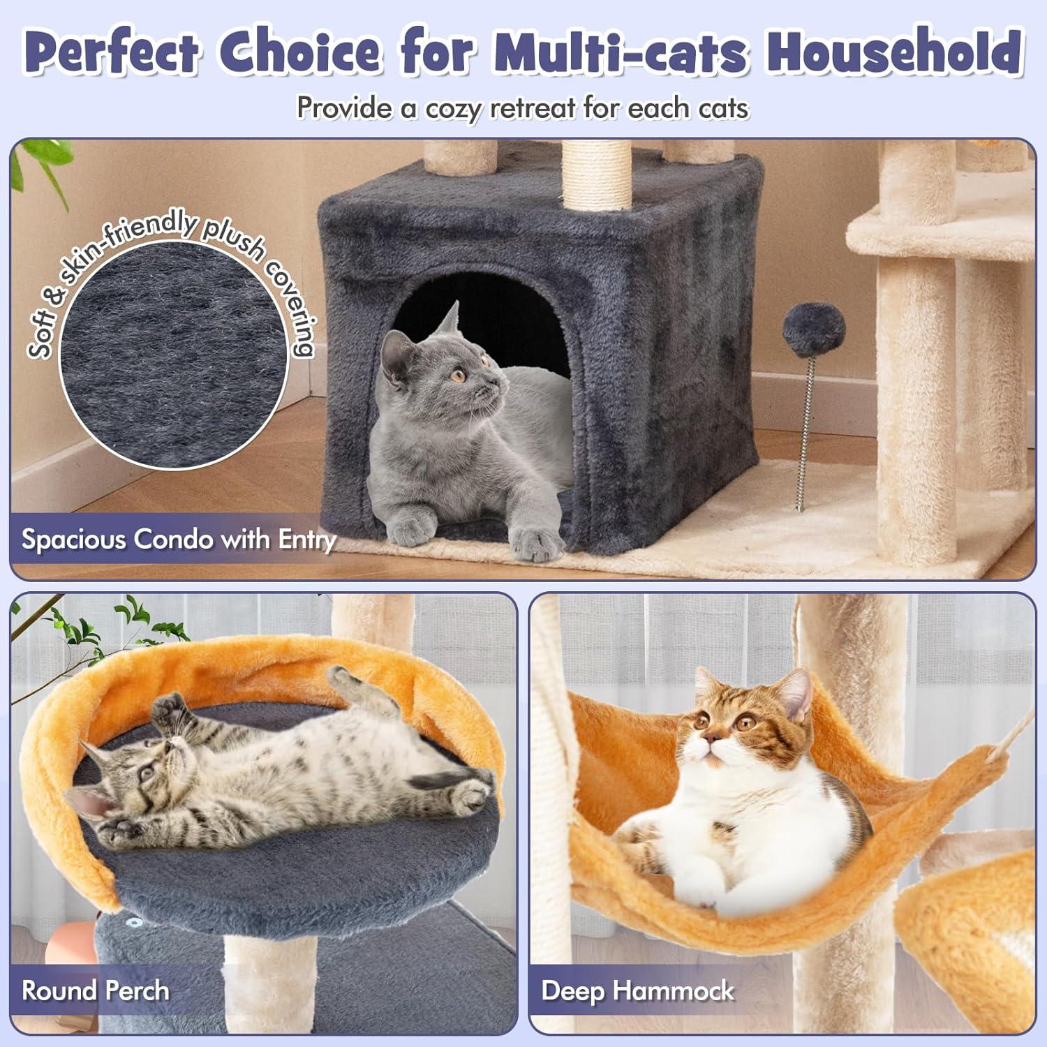 PawHut Cat Tree, 63 Inch Moon and Star Themed Cat Tower with Scratching Post, Hammock, Condo, Bed, Scratching Board & Cat Toys, Beige