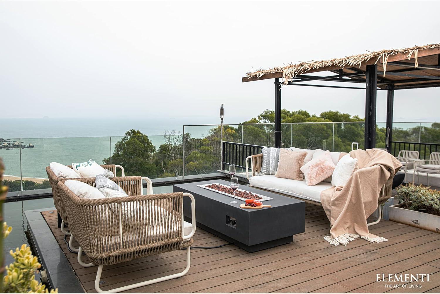 Granville Elementi 60" Rectangular Outdoor Concrete Fire Pit Table with Lava Rocks and Cover