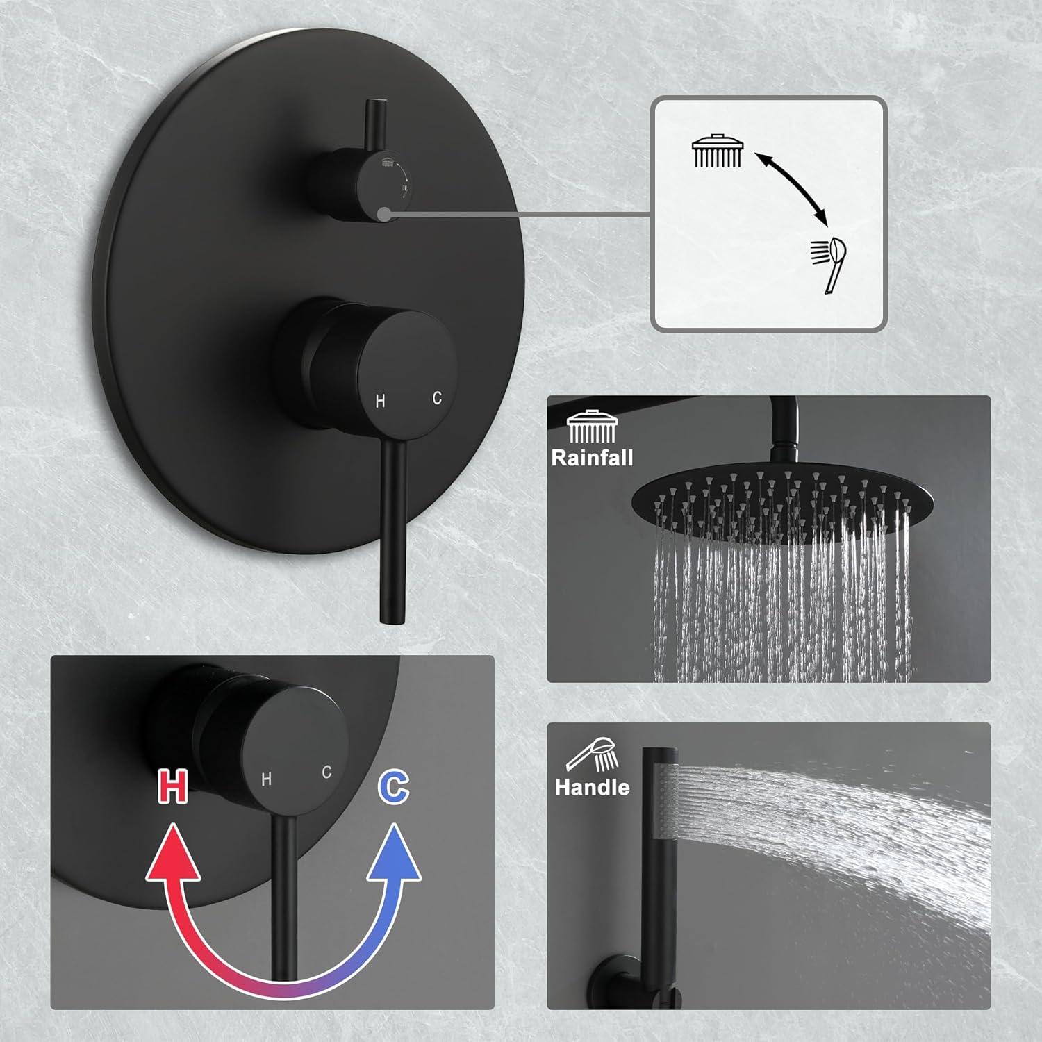 High-Pressure Shower System with 10 Inch Round Rain Shower Head and Handheld Wall Mounted, Shower Faucet Set Combo Set with 2 in 1 Handheld Showerhead for Bathroom, Matte Black