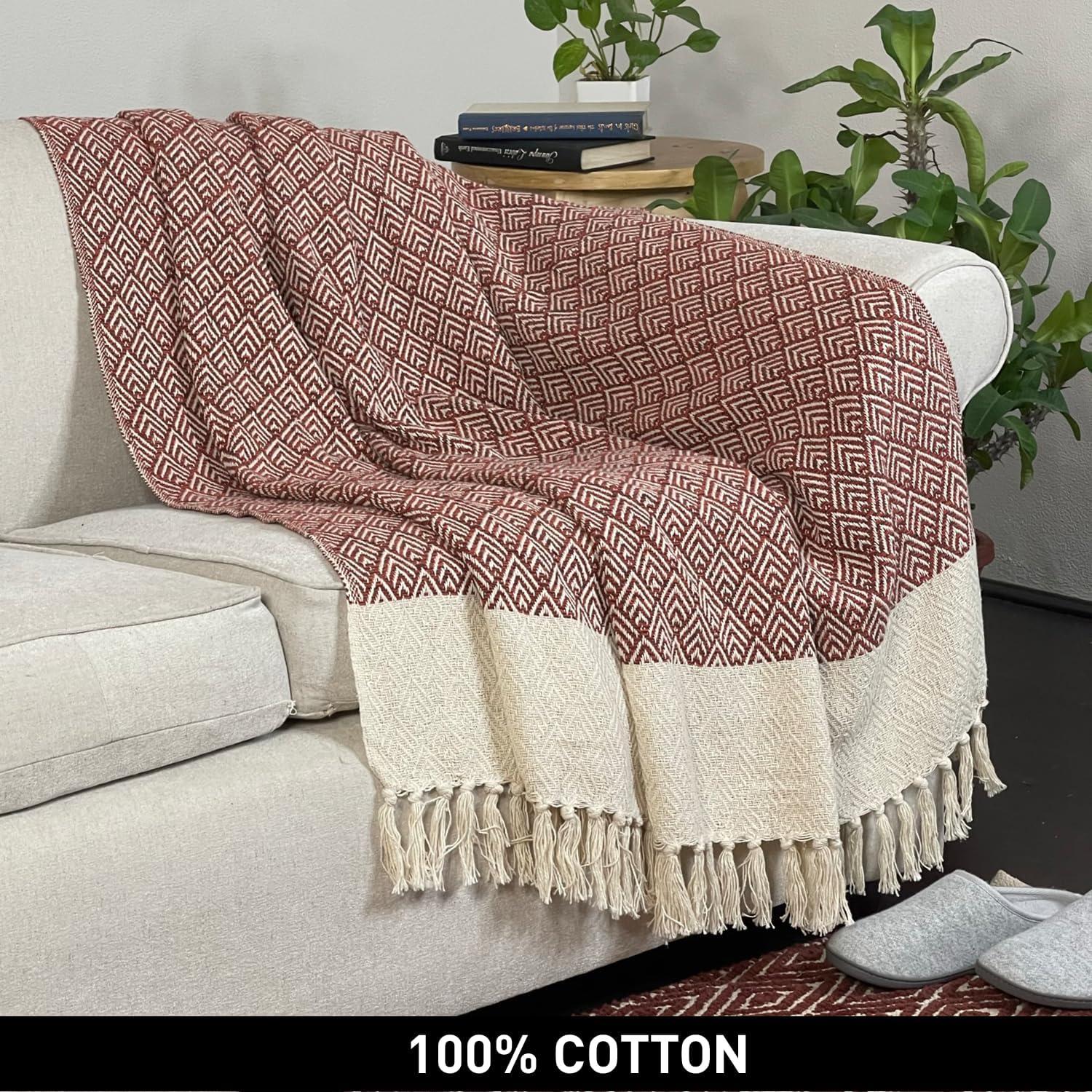 Ivory and Rust Braided Waffle Cotton Throw Blanket