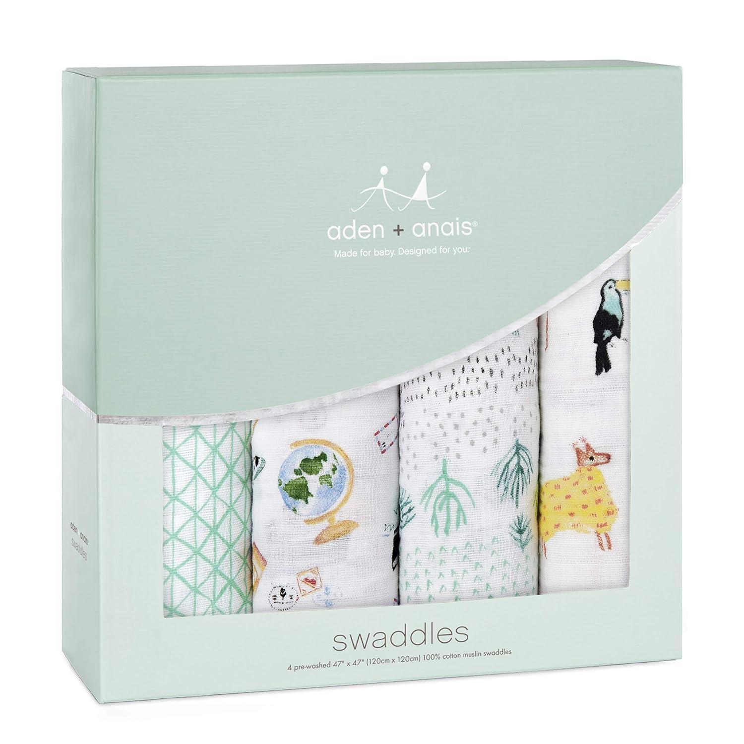 Modern Animal-Themed Cotton Muslin Baby Swaddle Blankets, 47" x 47", 4 Pack