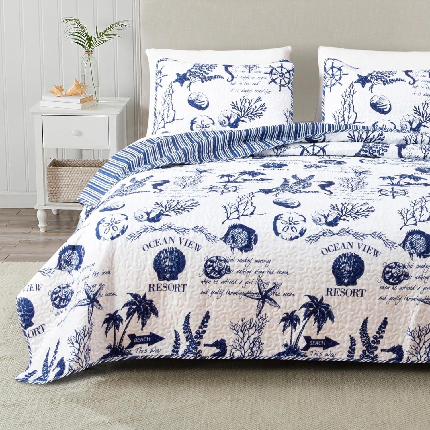 Navy / White Nautical Reversible Quilt Set with Shams