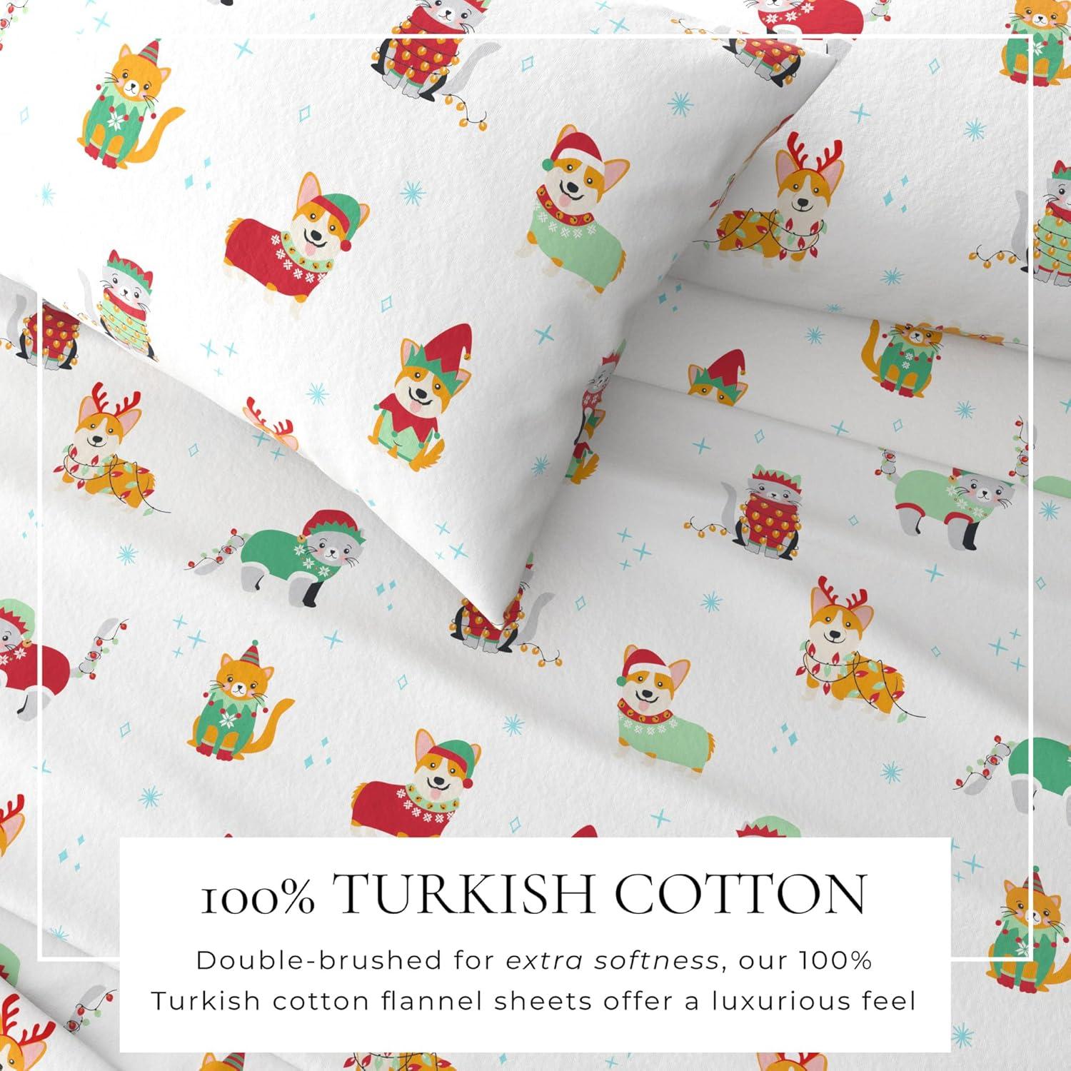 100% Cotton Christmas Flannel Sheets - Great Bay Home (Queen, Dog Cat Christmas)