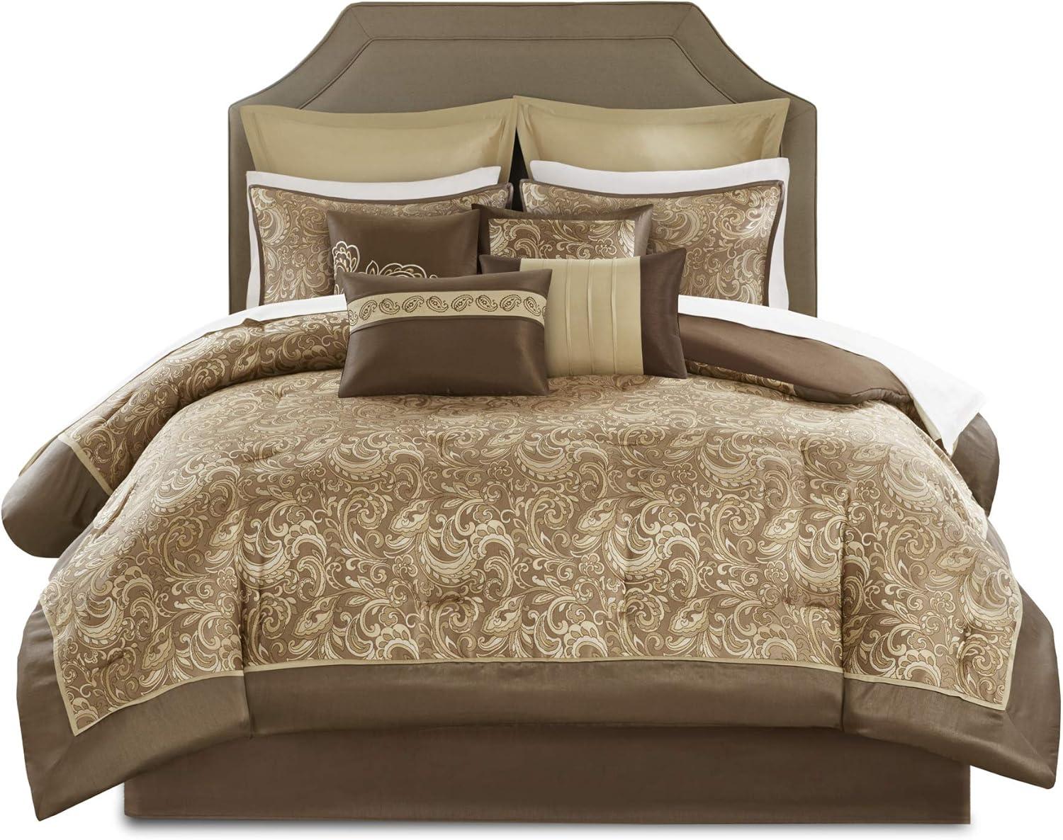 California King Brown Microfiber Paisley Comforter Set with Curtains