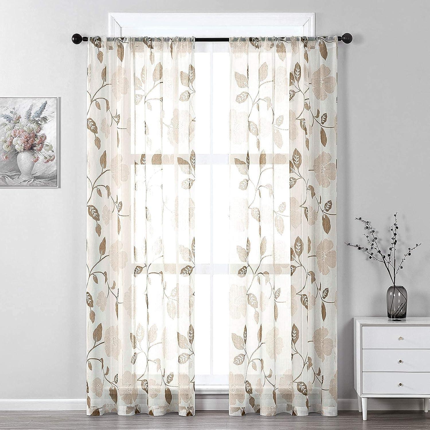 MRTREES Sheer Curtain Panels, Voile Sheer Curtains Drapes Rod Pocket, Flower Printed Embroidery Window Curtain Treatments for Bedroom Living Room Bathroom Window(2 Panels, 54x45 Inches, Brown)