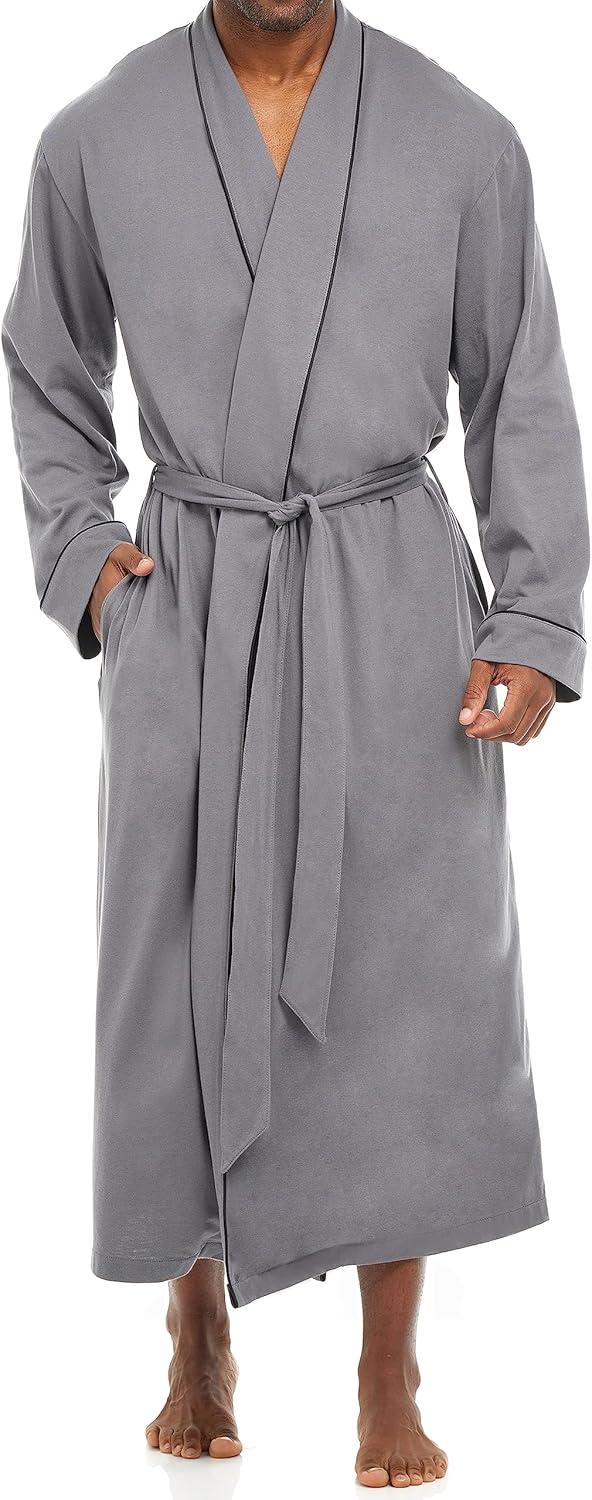 ADR Men's Robes, Mens Bathrobes Lightweight, Mens Robes with Pockets, Soft Cotton Knit Robe for Men Steel Gray Large