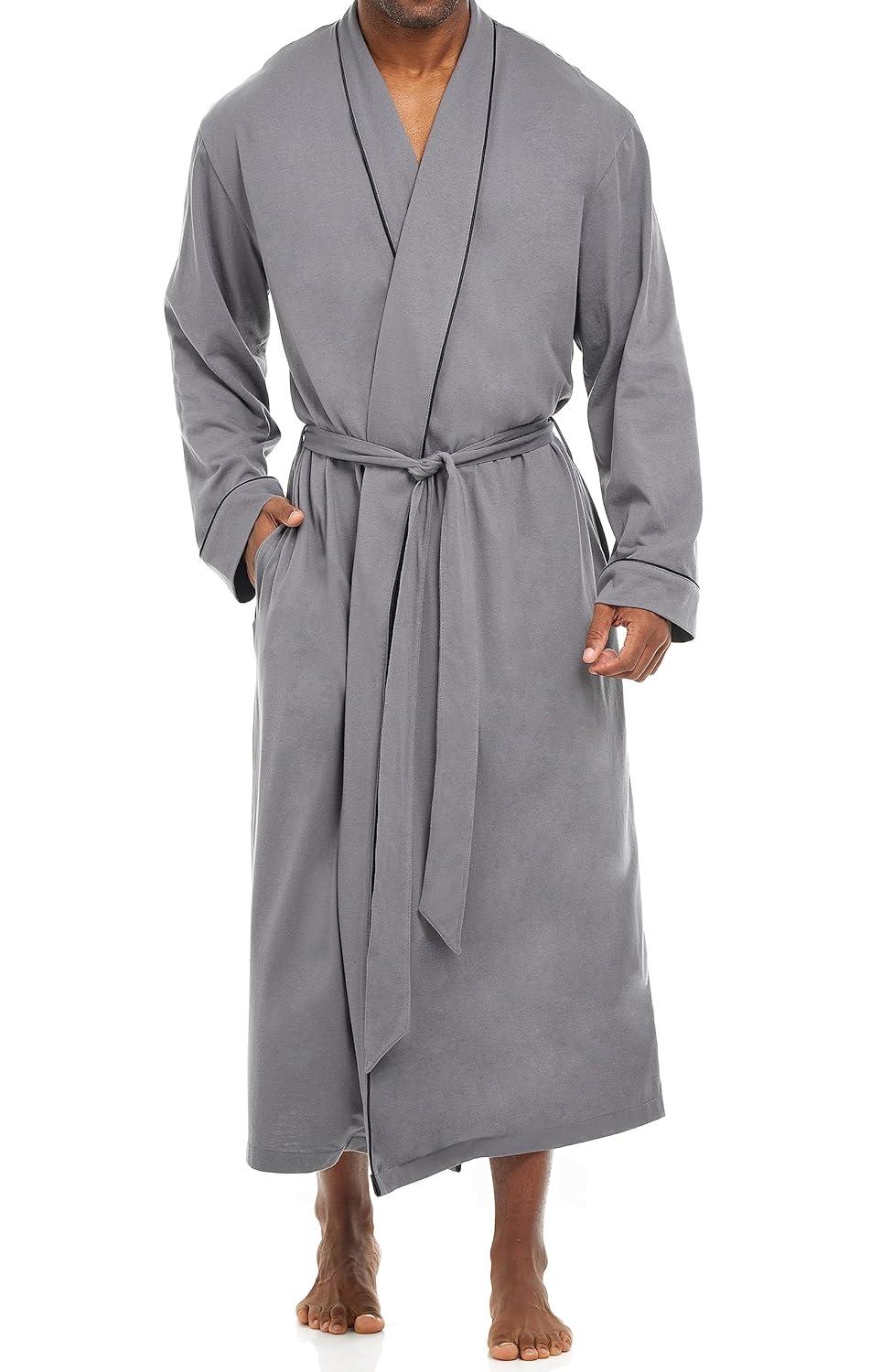 ADR Men's Robes, Mens Bathrobes Lightweight, Mens Robes with Pockets, Soft Cotton Knit Robe for Men Steel Gray Large