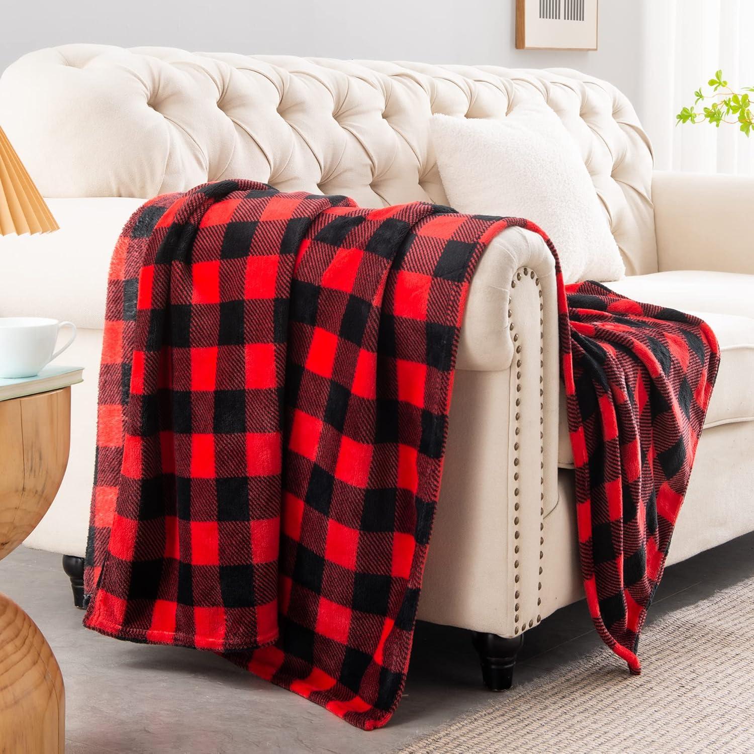 Fleece Throw Blanket for Couch Sofa Bed, Buffalo Plaid Decor Red and Black Checkered Blanket, Cozy Fuzzy Soft Lightweight Warm Blankets for Winter and Spring