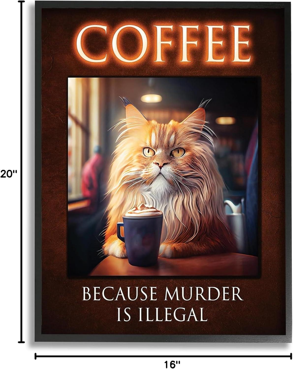 Stupell Industries Divertido Gato Café Frase Animales E Insectos Pintura Negro Enmarcado Arte de Pared, 16 x 20