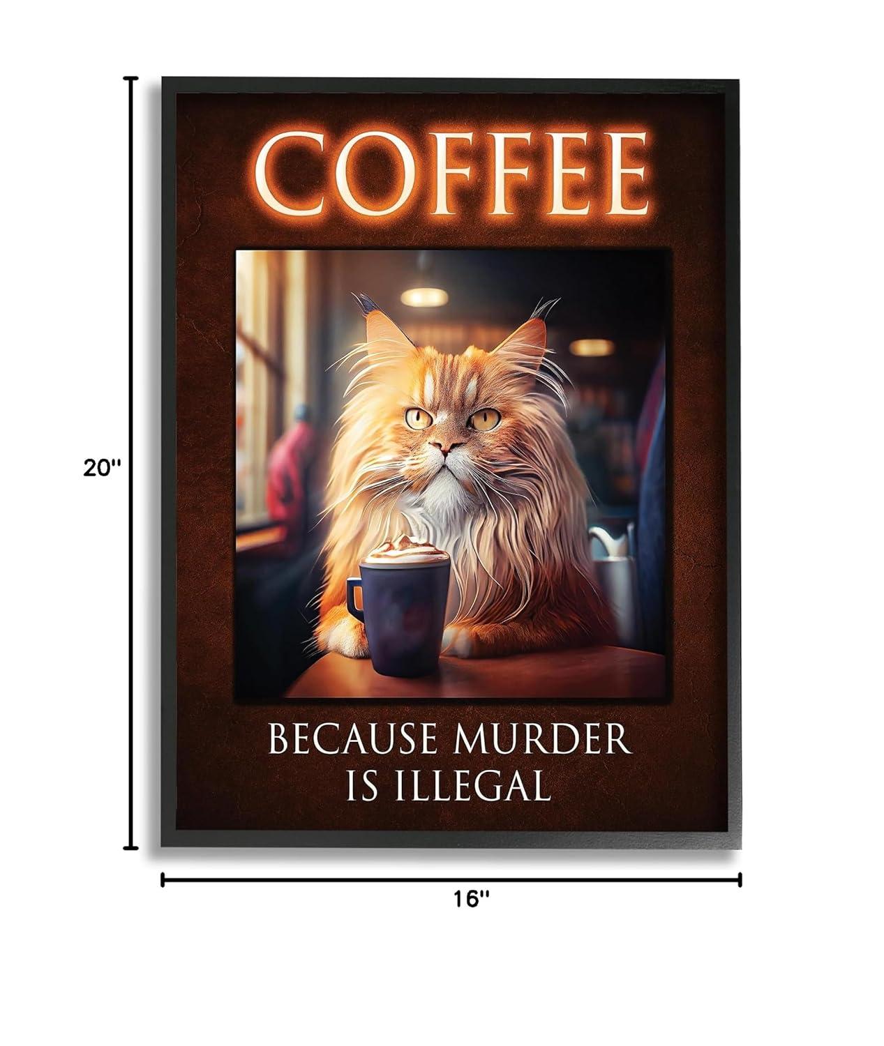 Stupell Industries Divertido Gato Café Frase Animales E Insectos Pintura Negro Enmarcado Arte de Pared, 16 x 20