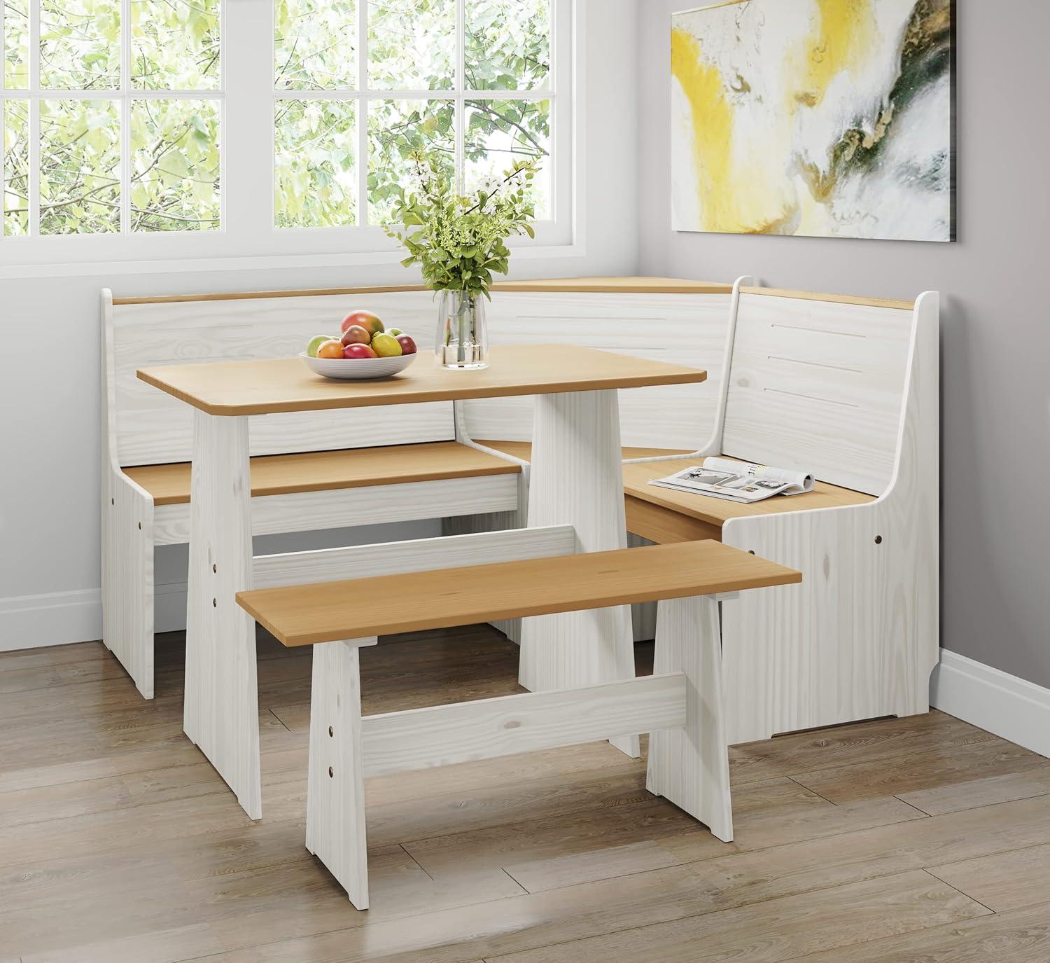 Breakfast Nook Corner Dining Table Kitchen Bench Chair Set, Space-Saving 3-5 People Seat Reversible L-Shape for Family Home White Wood