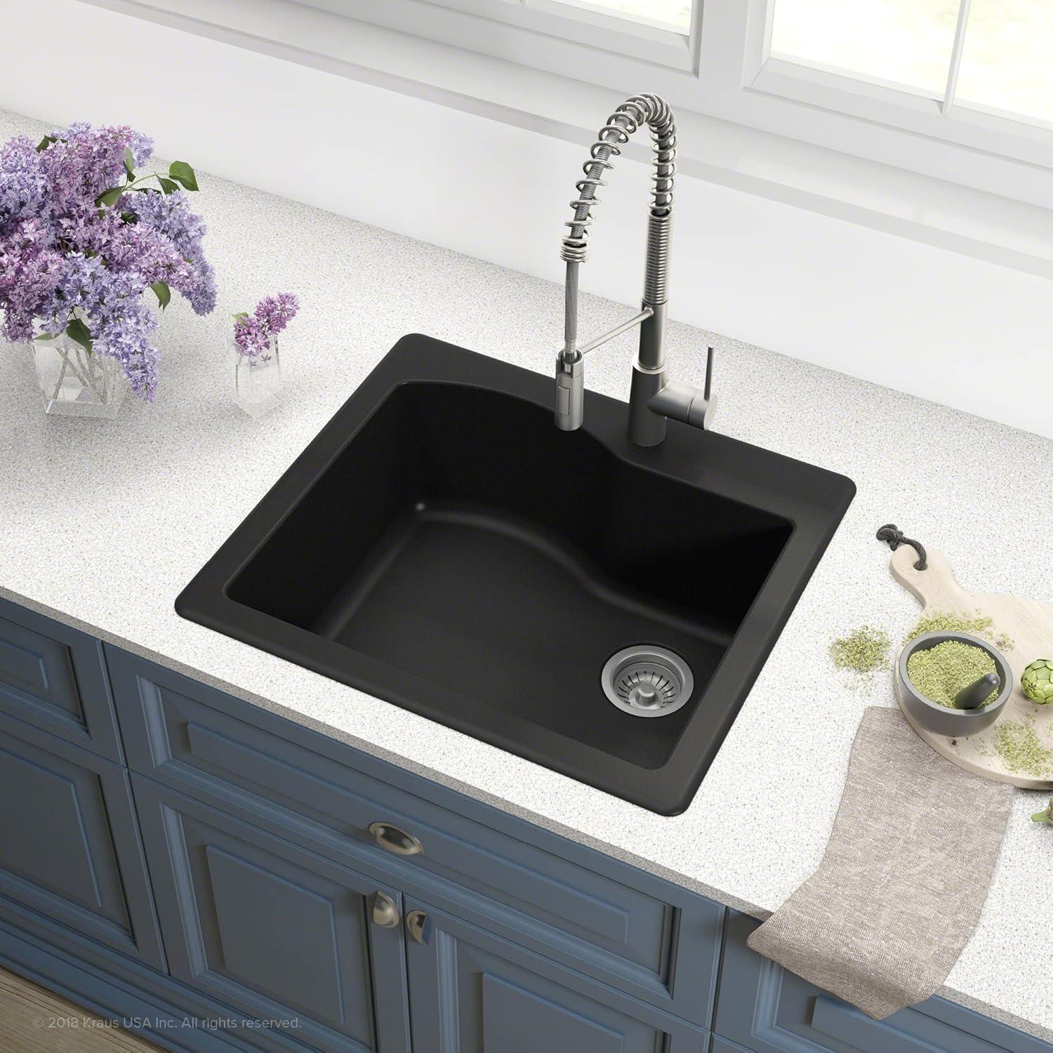 KRAUS Quarza™ 25" L Dual Mount Single Bowl Granite Kitchen Sink and Strainer