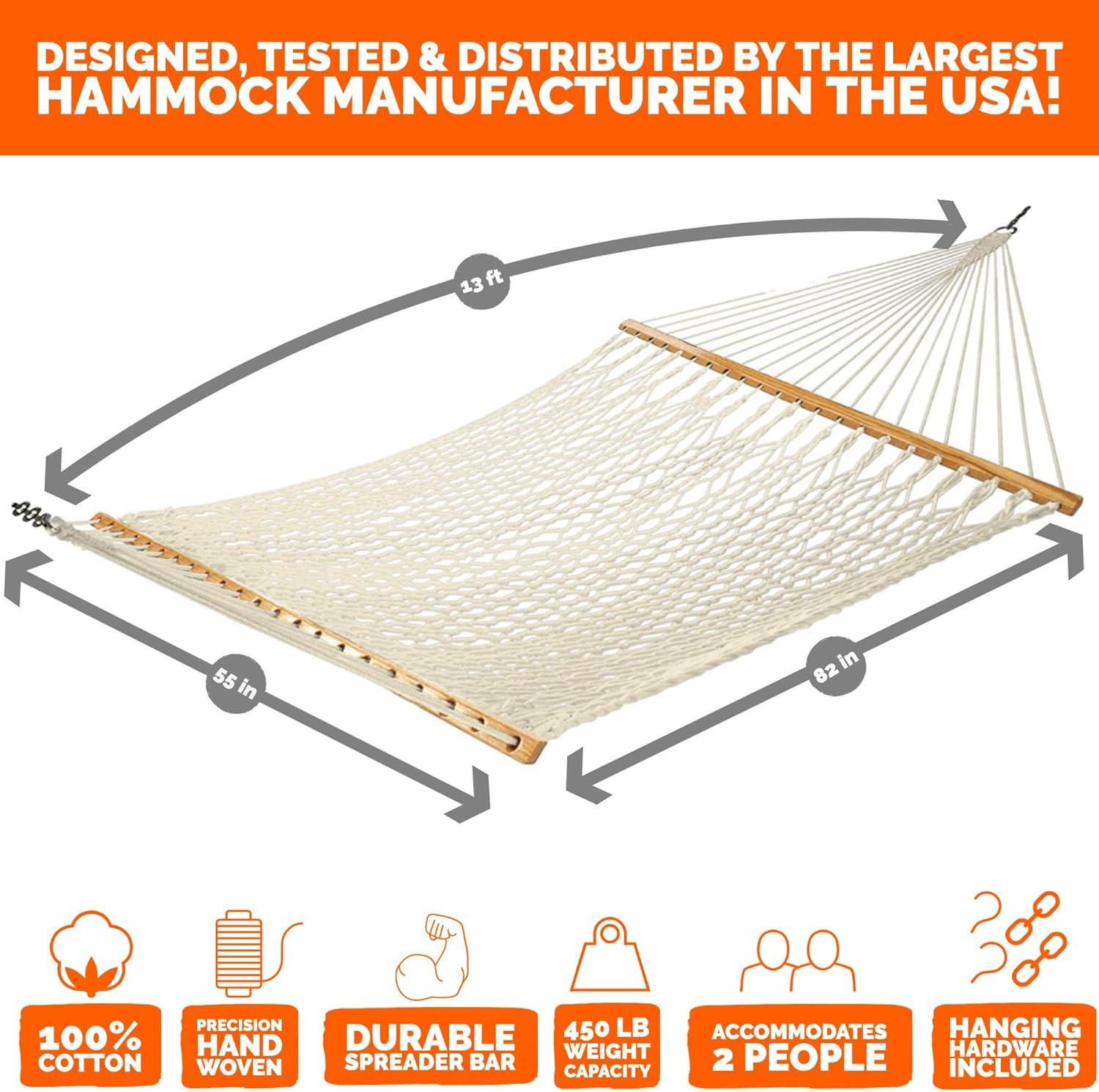 Neutral Cotton Rope Double Hammock with Hardwood Spreader Bar