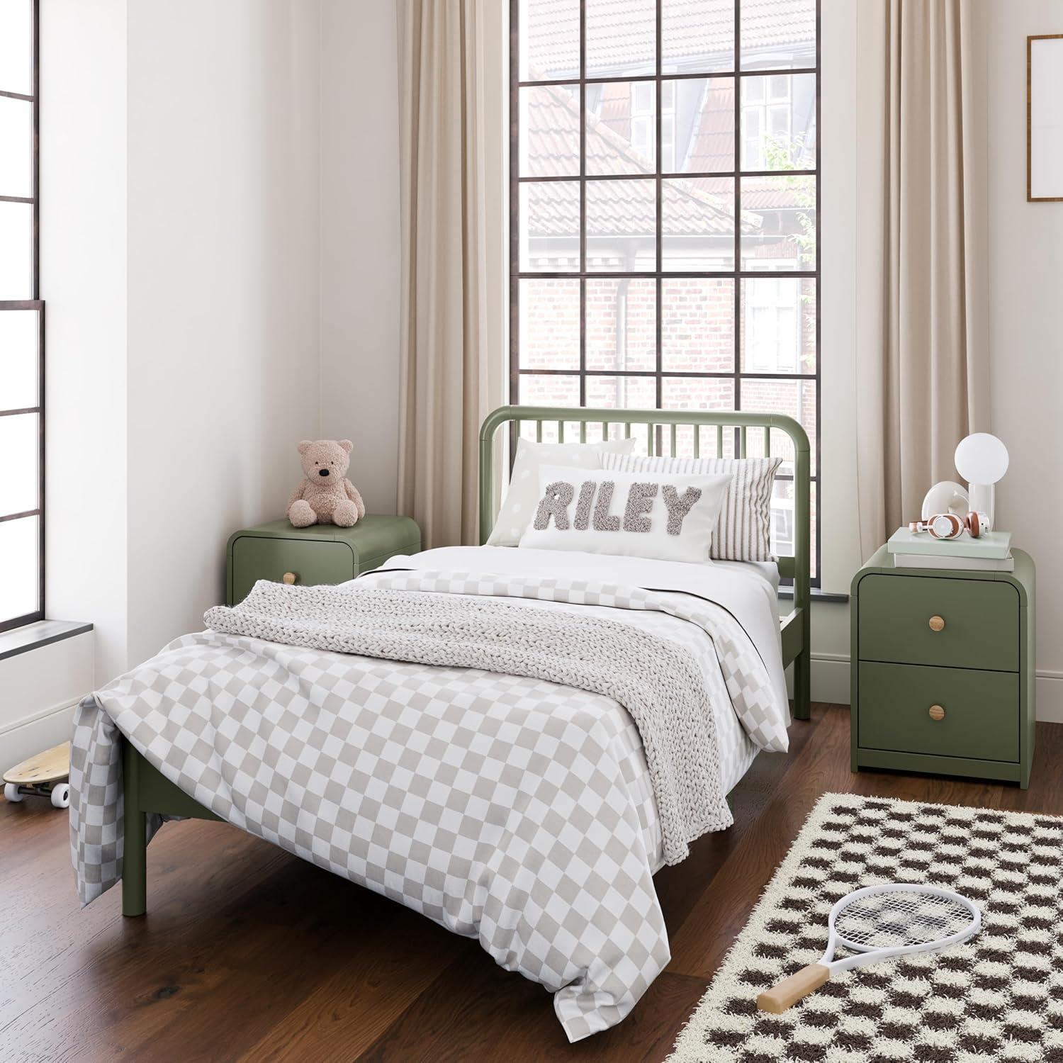 Olive Twin Bed with Pine Wood Frame and Drawer