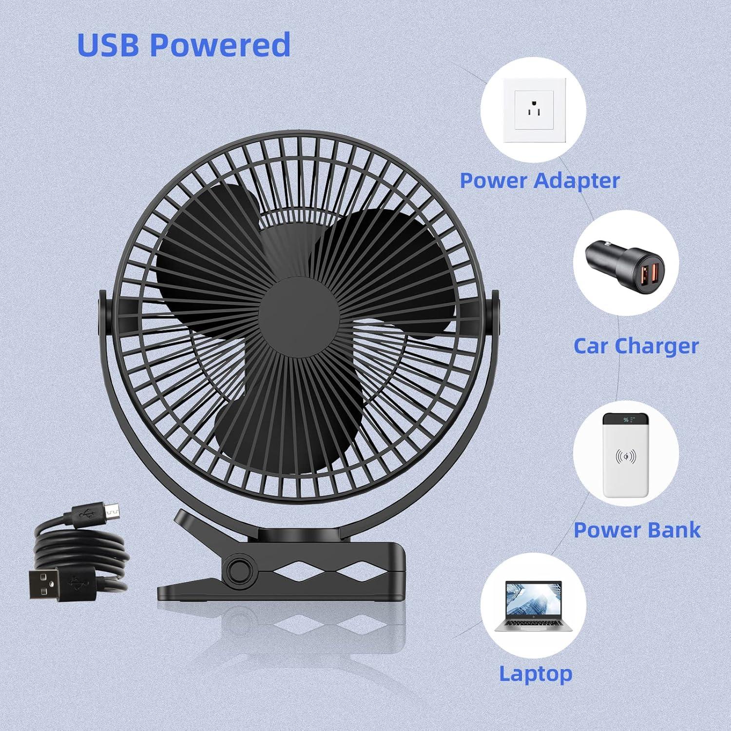 Black 8-Inch Battery Powered Clip-On Desk Fan