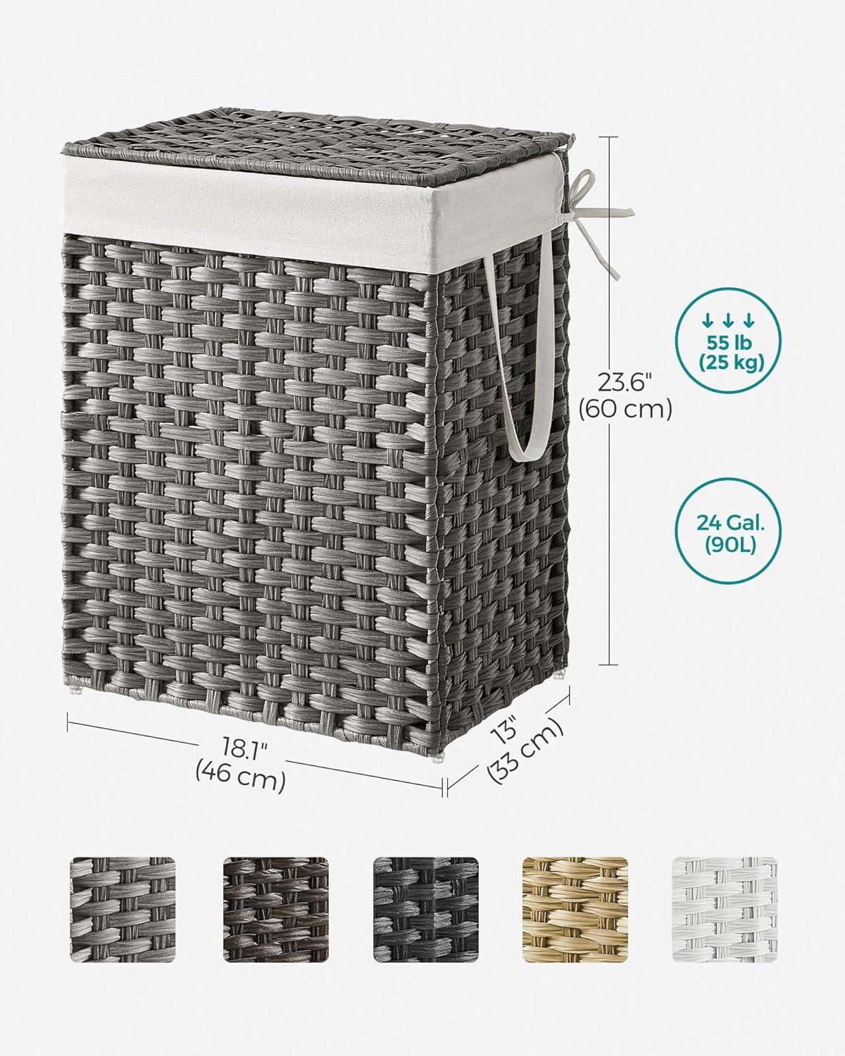 90L Large Laundry Hamper with Wheels,Rolling Laundry Basket with Lid and Renovable Liner Bag,Handwoven Rattan Organizer for bedroom, bathroom, laundry room (Grey)