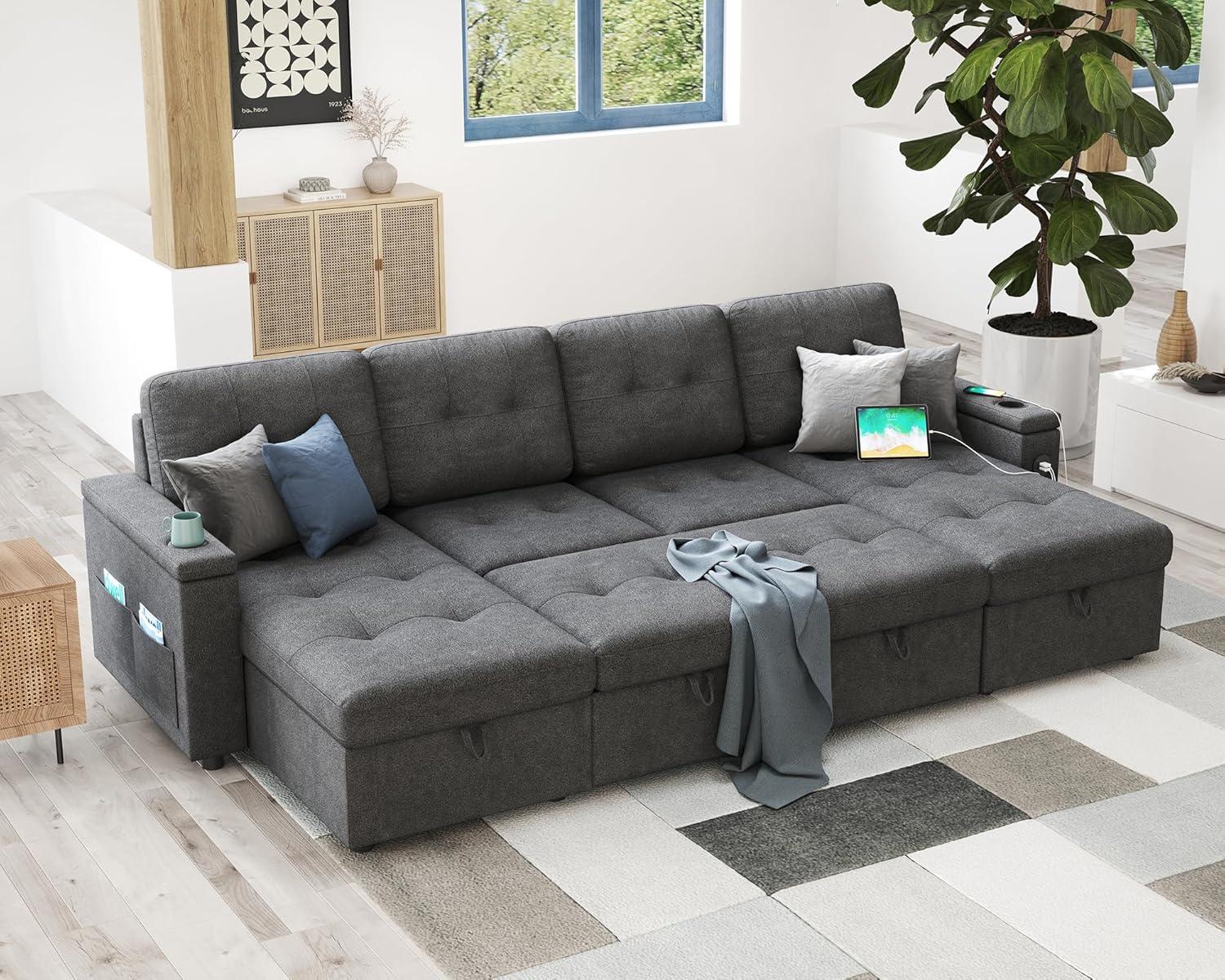 Latitude Run® Pull Out Sofa Bed With 2 USB Ports & Cup Holders, U Shaped Sleeper Sofa Bed With Dual Storage Chaise- Drak Gray