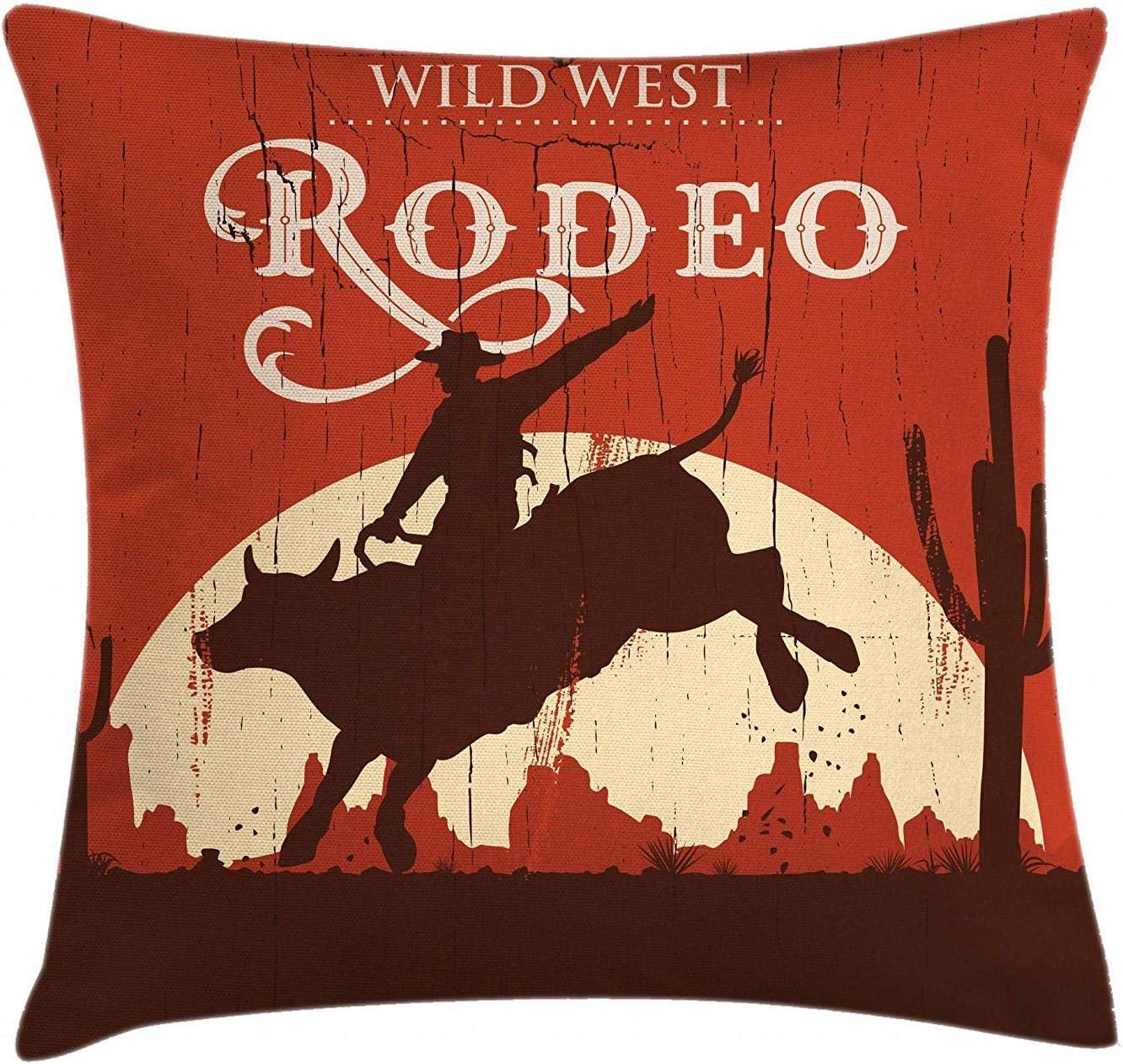 Set of 4 Throw Pillow Covers Vintage Western Cowboy Wild Modern West Riding Bull Wooden Decorative Pillow Cases Home Decor Square 18x18 Inches Pillowcases