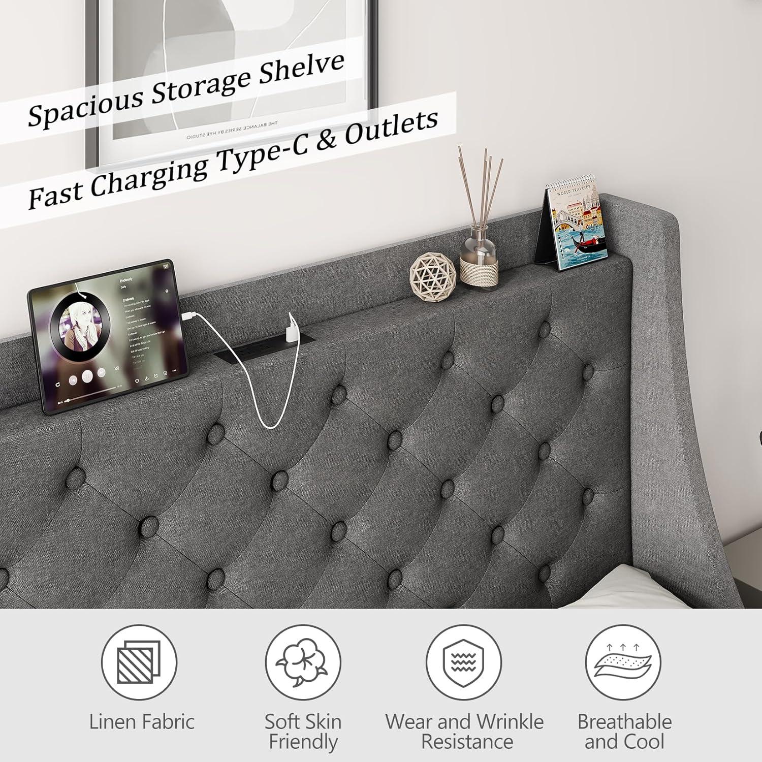 Huloretions Queen Bed Frame With Charging Station,Platform Bed With 4 Storage Drawers,Upholstered Wingback Headboard And Storage Shelf,No Box Spring Needed Easy Assembly