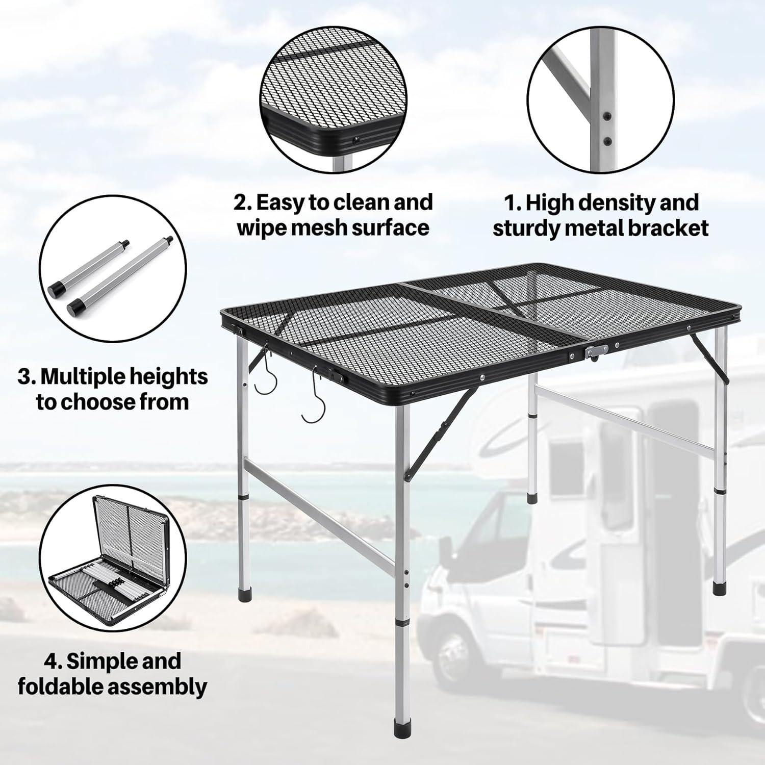 Black Adjustable Height Folding Grill Table with Metal Mesh