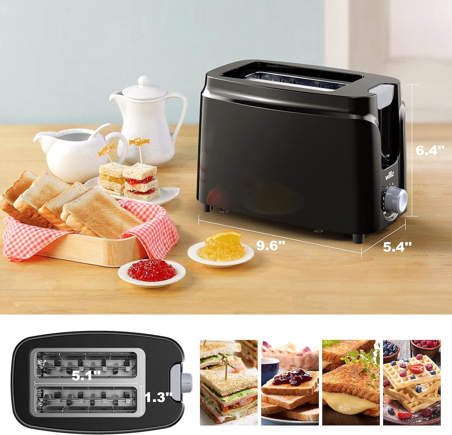 Willz 2-Slice Toaster, Extra Wide Slot with 6 Browning Levels, Small Toaster for Bread, Removable Crumb Tray, Auto Shut-off & Easy Clean, Black