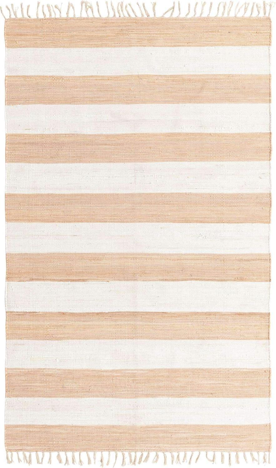 Unique Loom Striped Chindi Rag Rug Beige/Ivory 5' 1" x 8' Rectangle Hand Made Striped Modern Perfect For Living Room Bed Room Dining Room Office