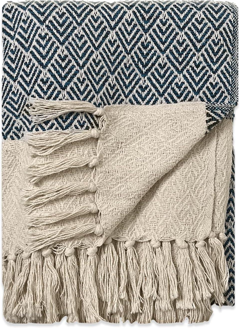 Ivory and Teal Blue Cotton Peacock Throw Blanket with Fringe