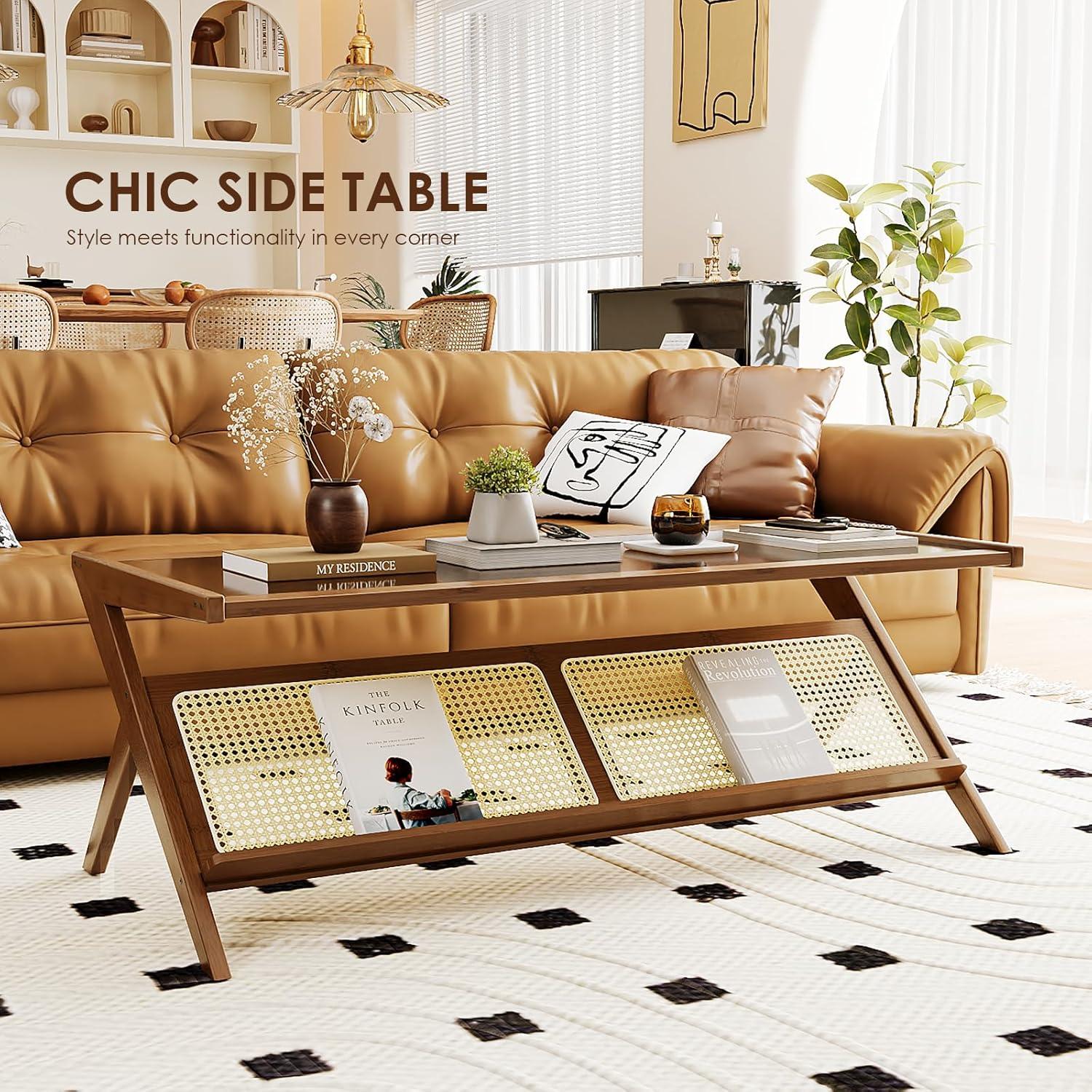 Bamworld Mid-Century Modern Coffee Table with Glass Top Rattan Center Table with Storage for Living Room Table Brown
