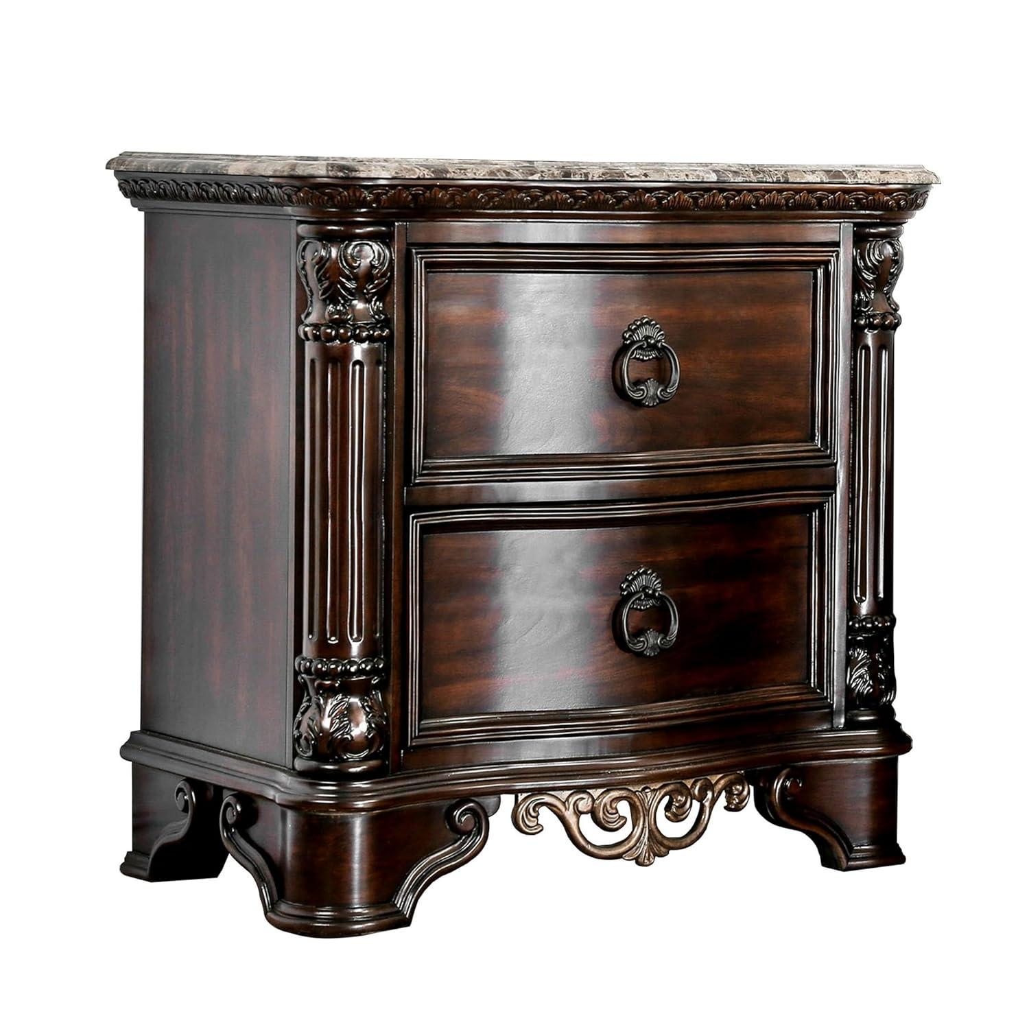 Benzara 30 Inch Nightstand with 2 Drawers, Classic Marble Top, Ornate Pilasters, Dark Cherry Brown