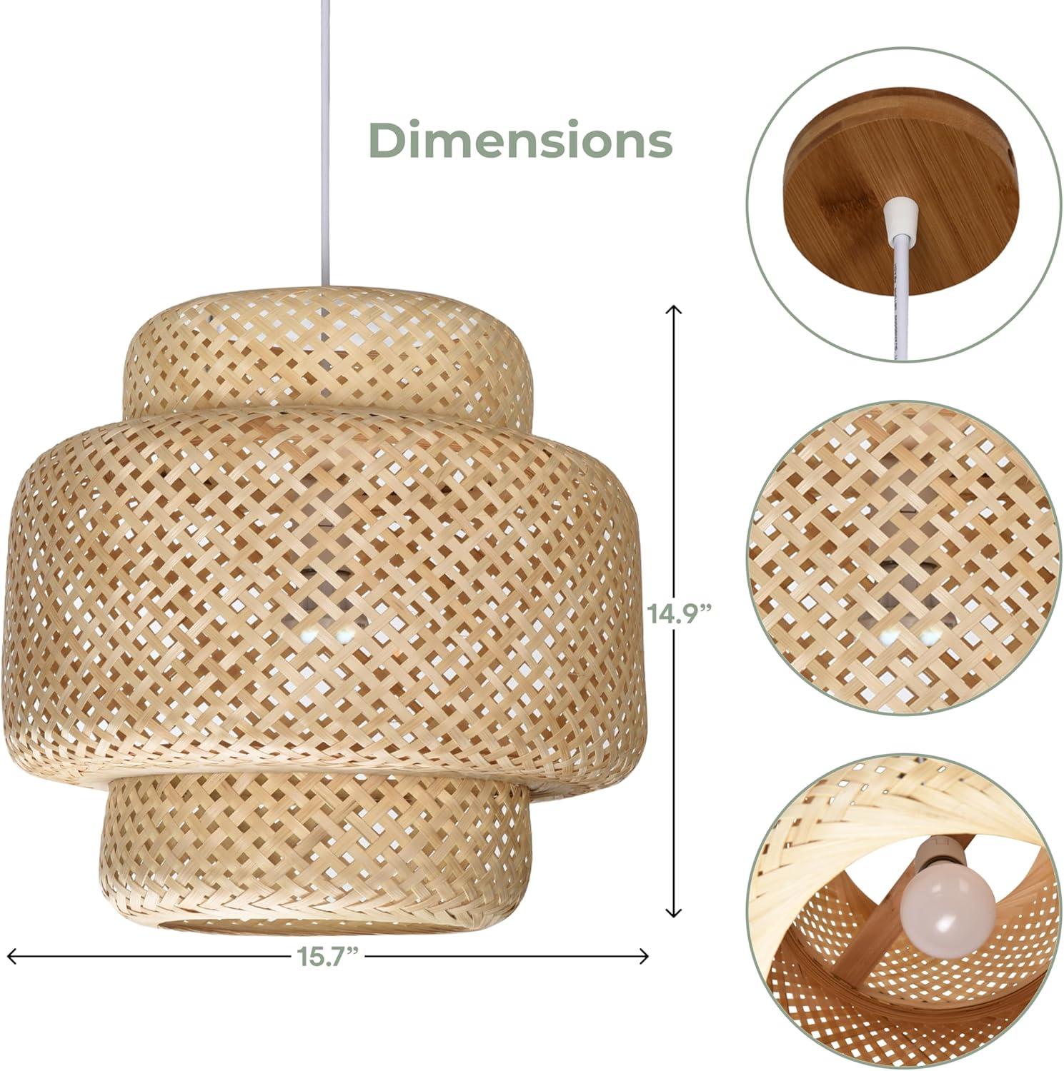 Hand Woven Rattan Lamp Shade - Bamboo Pendant Lights - Elegant Hanging Light Chandelier - Natural Boho Lighting Fixture - Dome Lamp Shade for Kitchen Island, Dining and Living Room - 14.96x15.71''